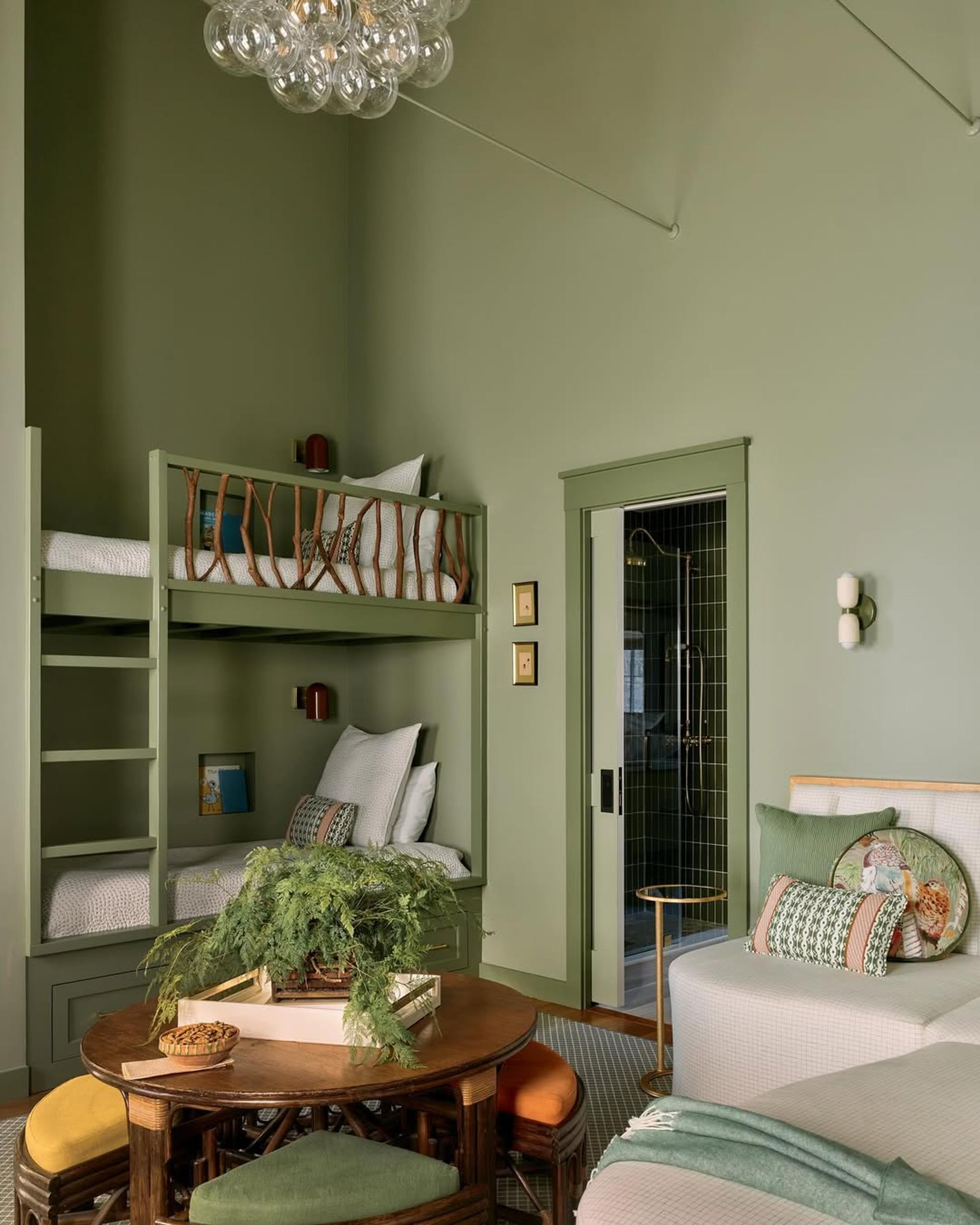 Serene green bedroom. 