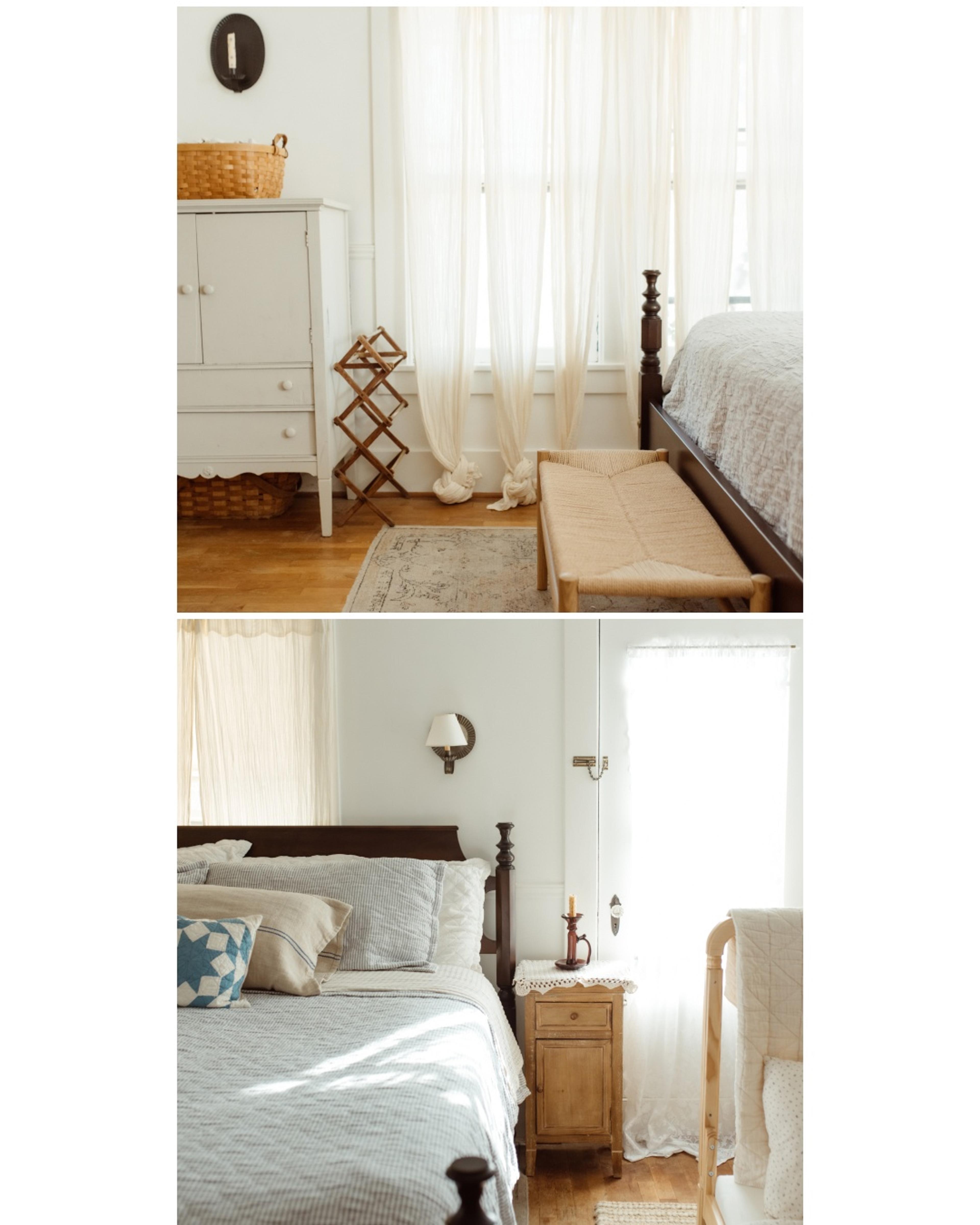 Primary bedroom with woven bench at foot of bed