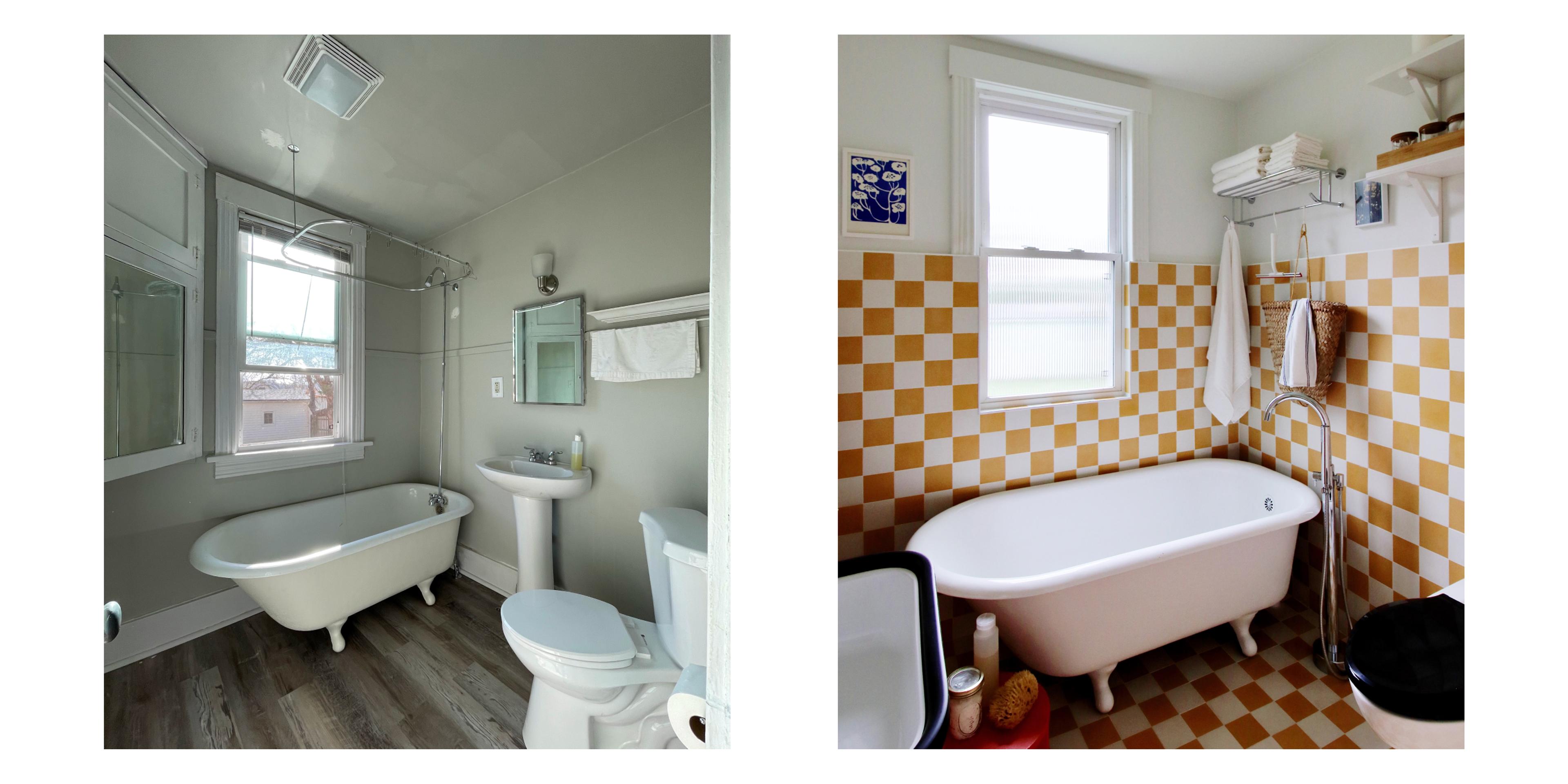 before and after of bathroom with yellow tiles 