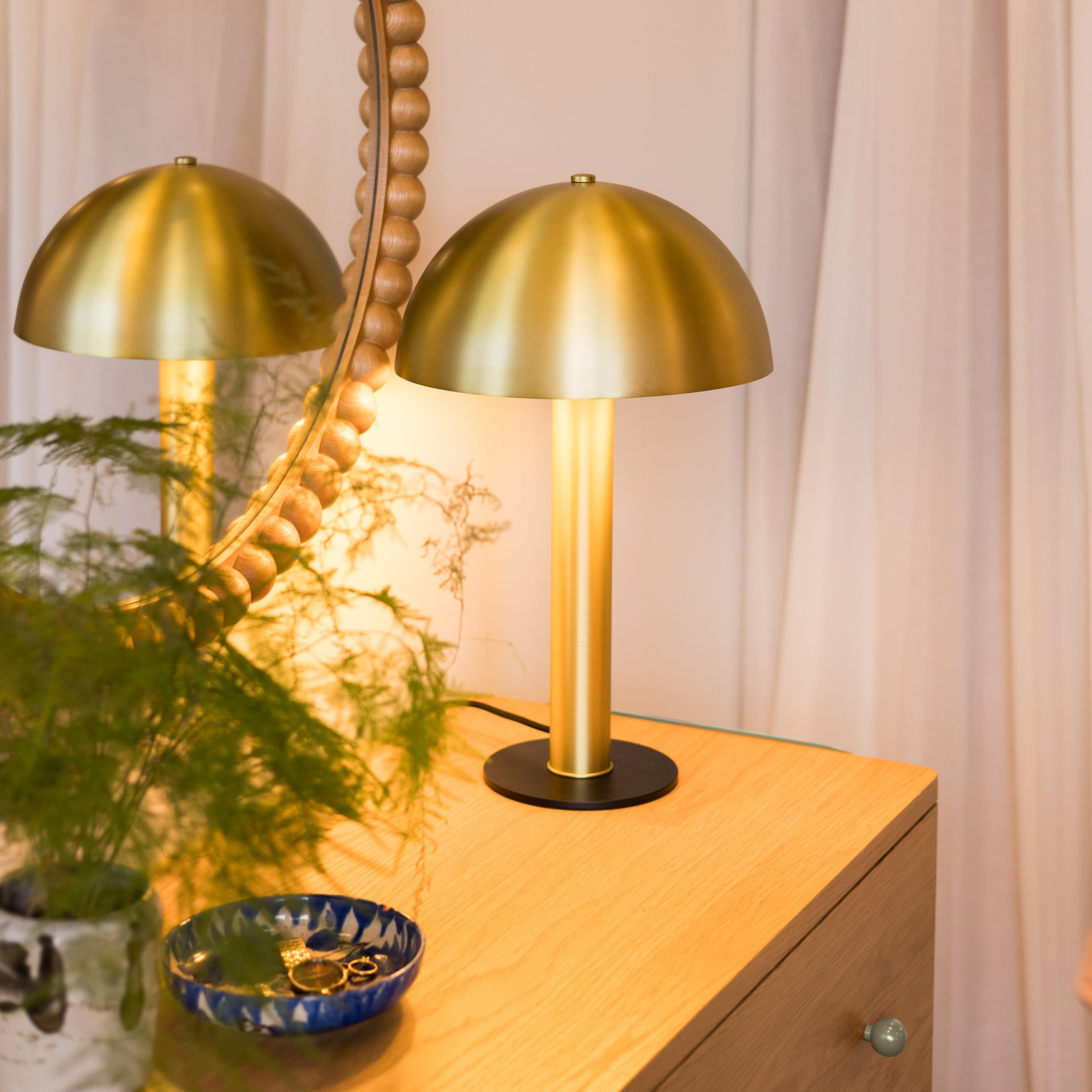 mushroom lamp on dresser with catch all