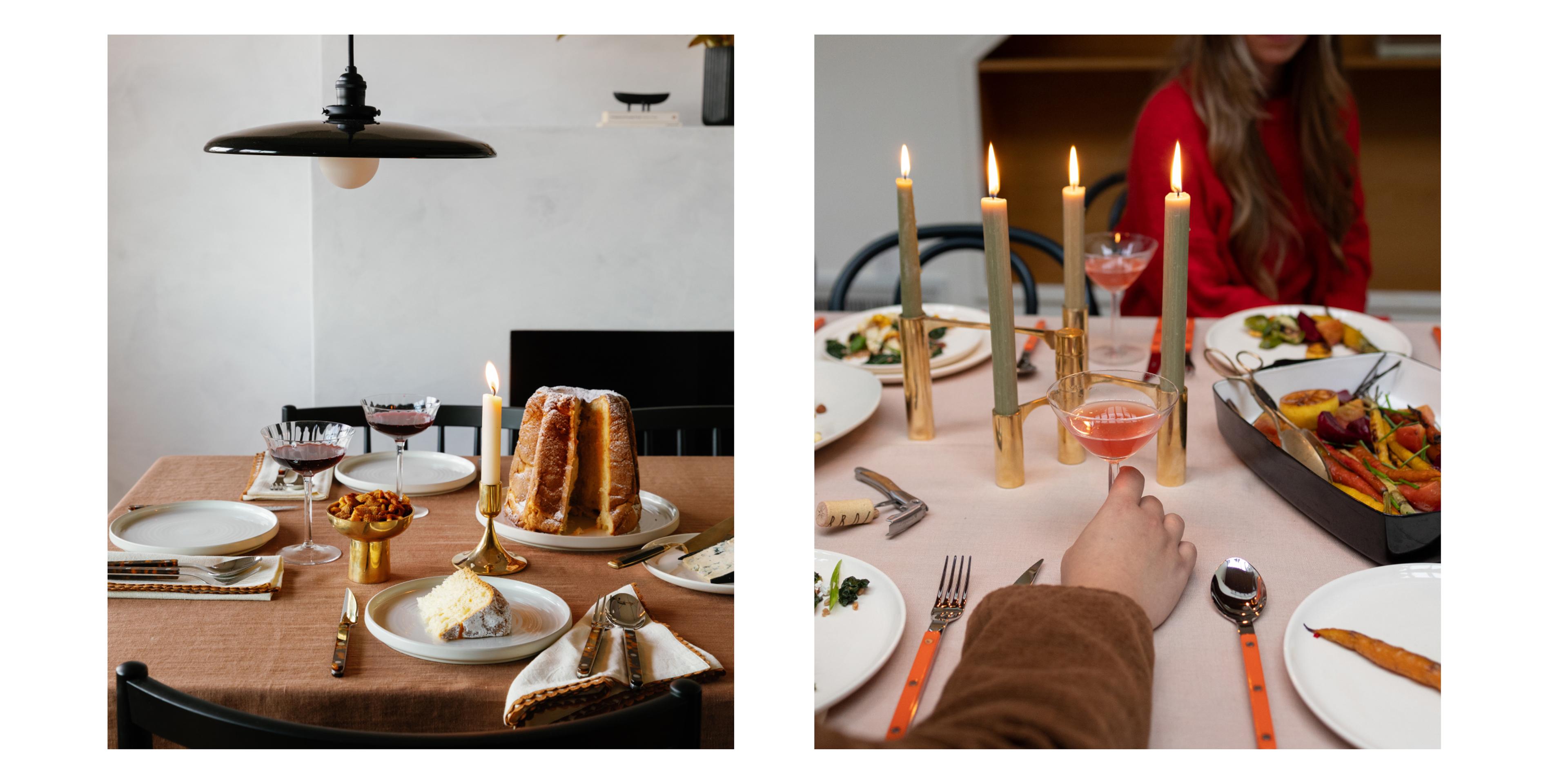 side by side images of holiday tables set with lit candles