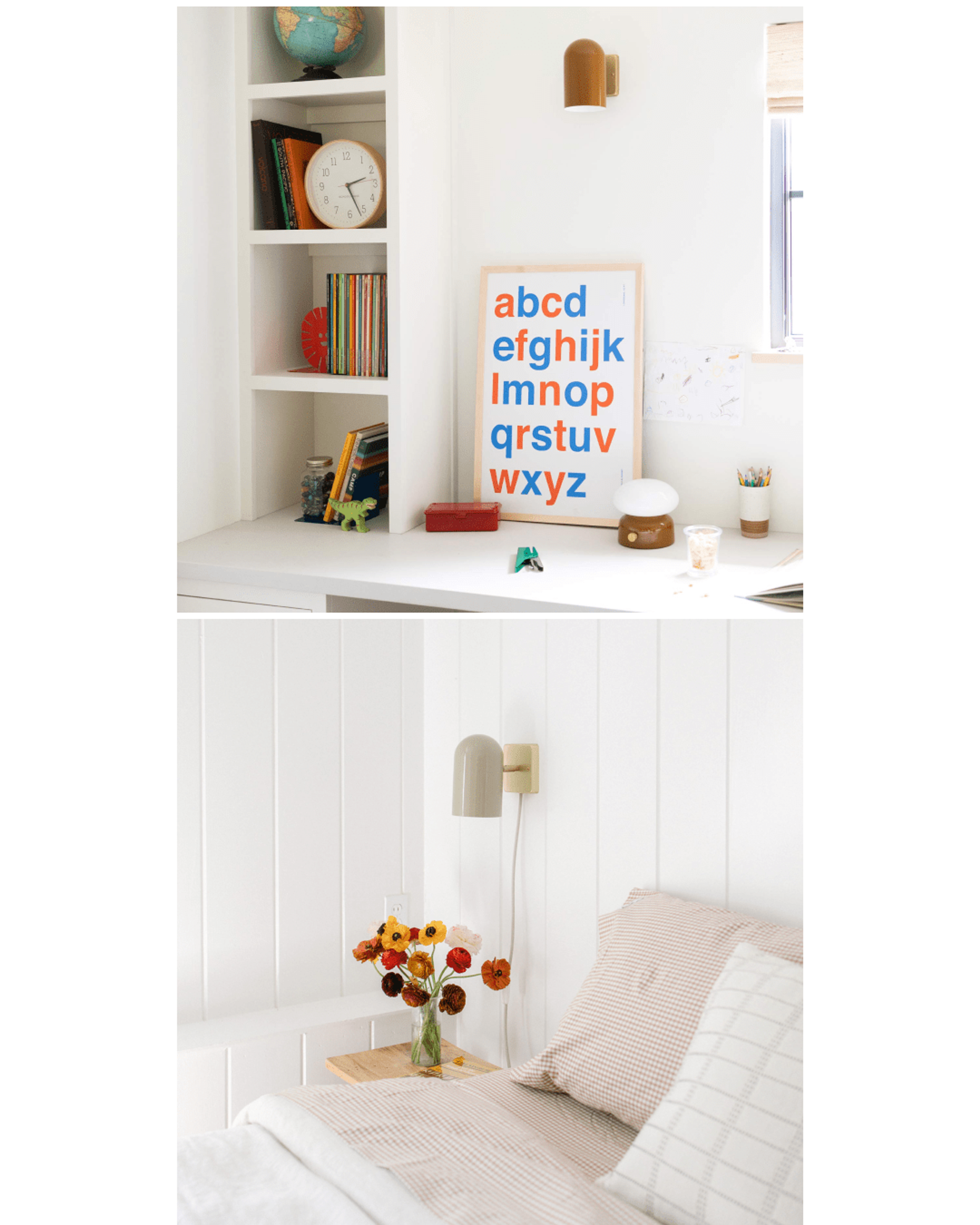 Butterscotch sconce above white desk and sage green sconce above bed in white room 