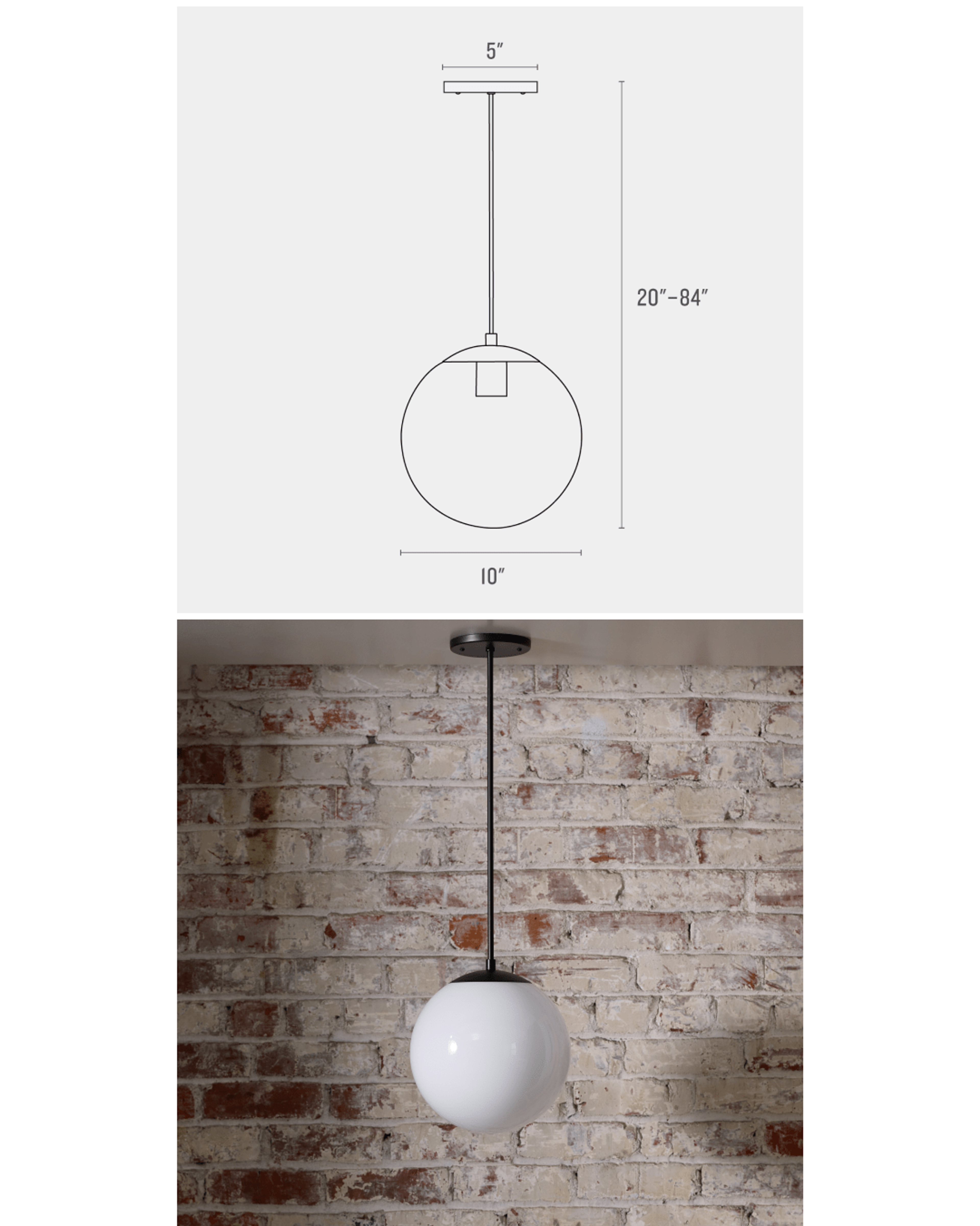 Rod pendant with globe shade measurements side by side product image