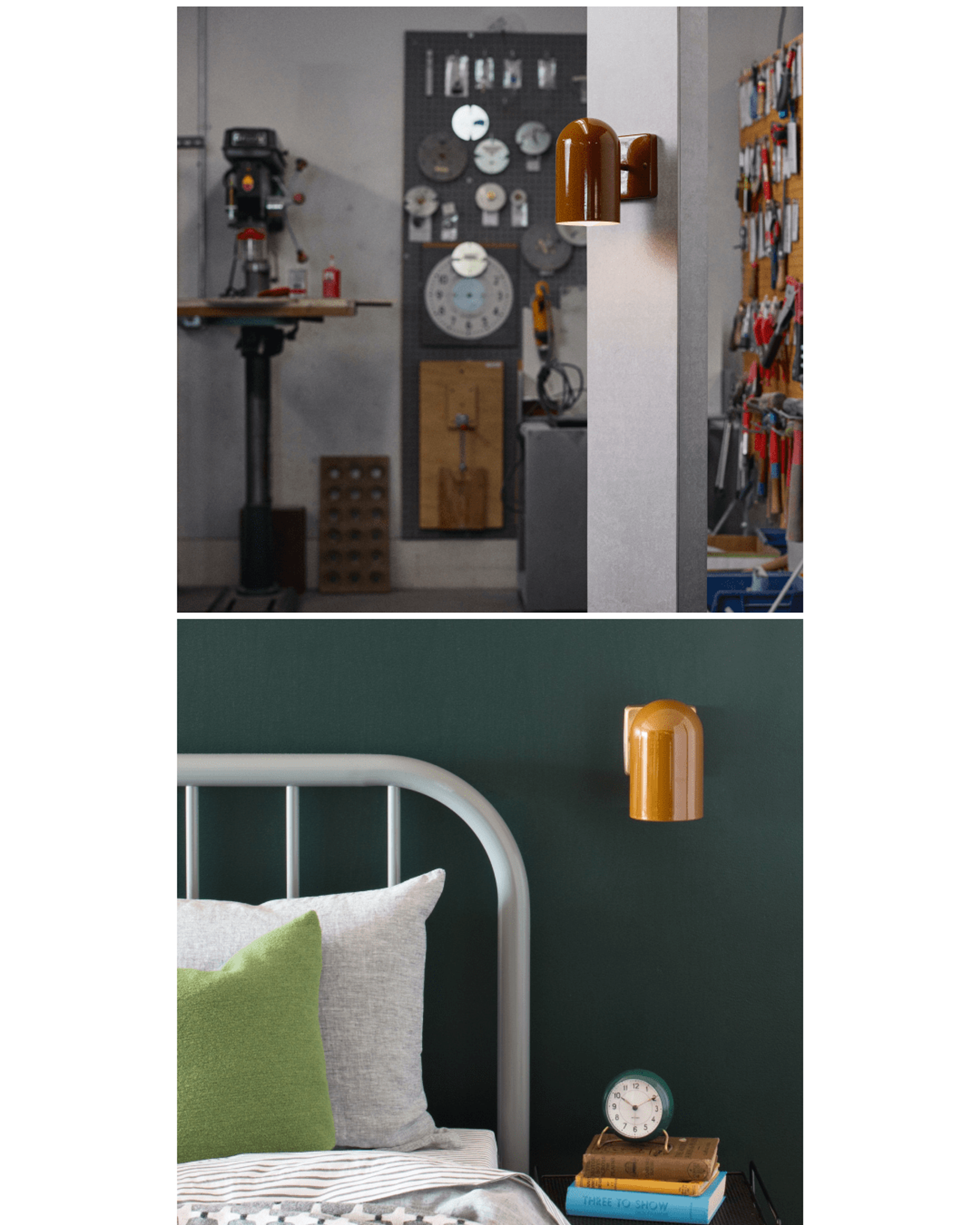 Butterscotch sconce on white beam of wood in factory setting and butterscotch sconce on wall next to gray bed with metal frame 