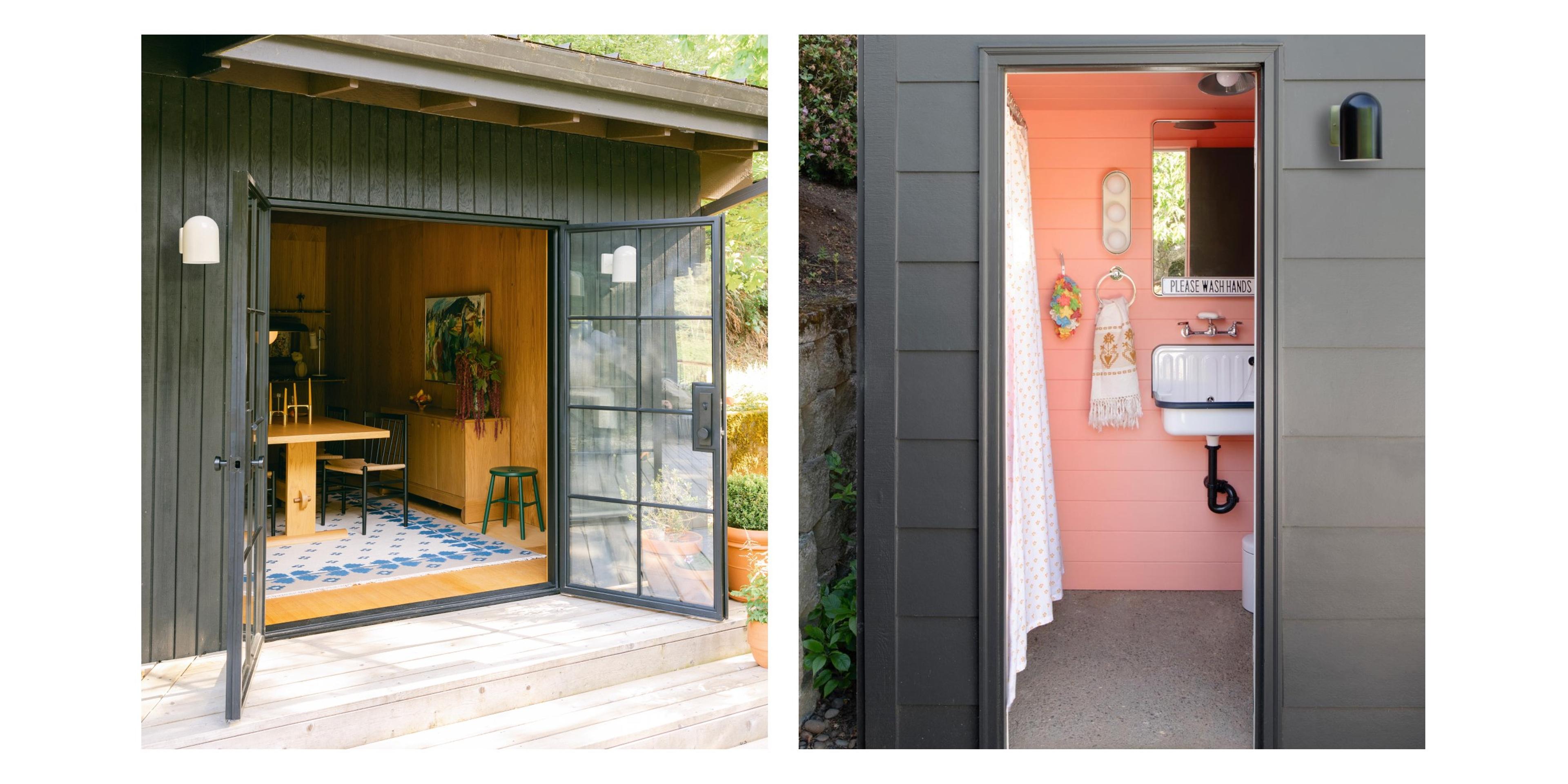 exterior of home with white sconces and exterior of outdoor bathroom with black sconce