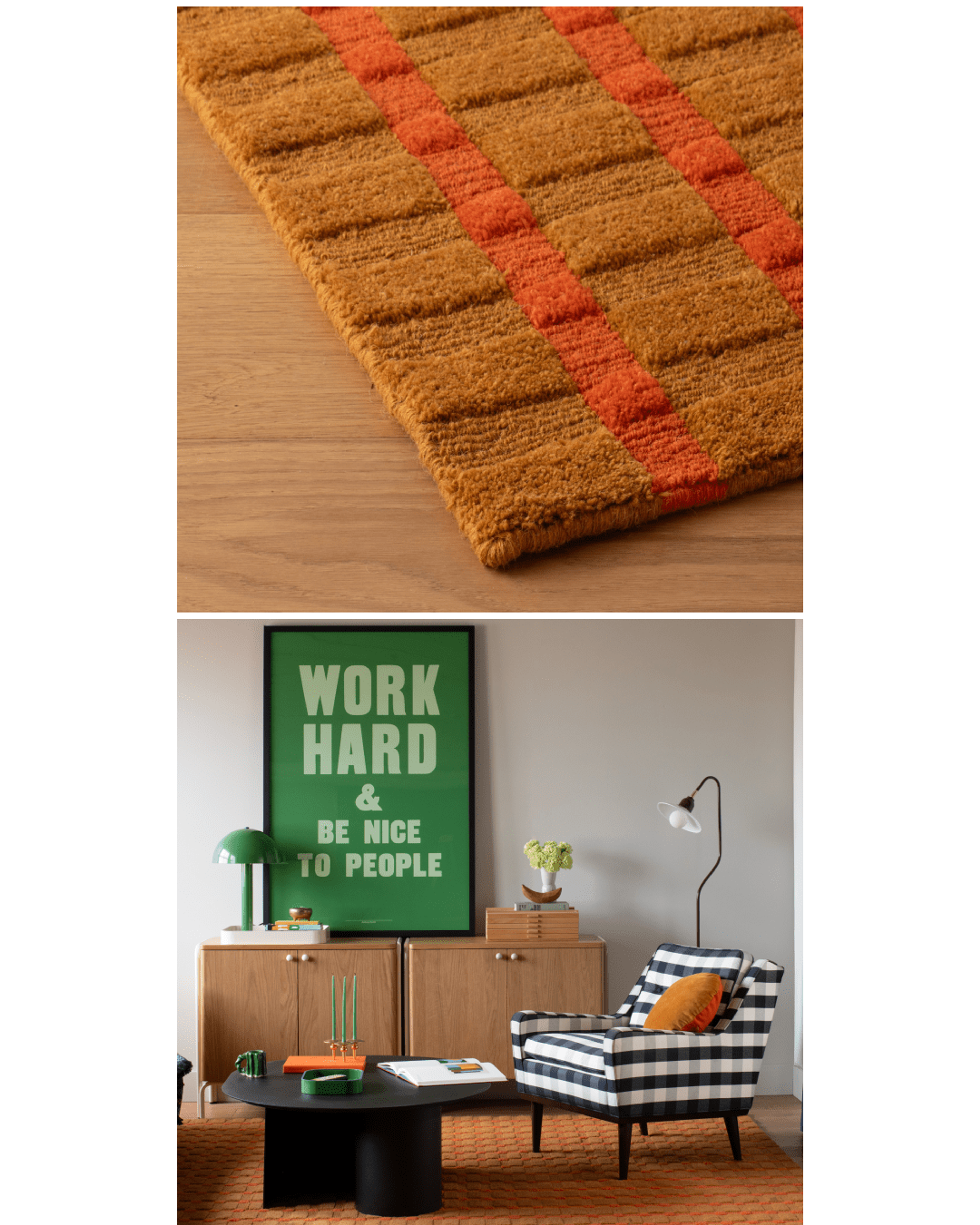 Brown and red loop woven runner in entryway 