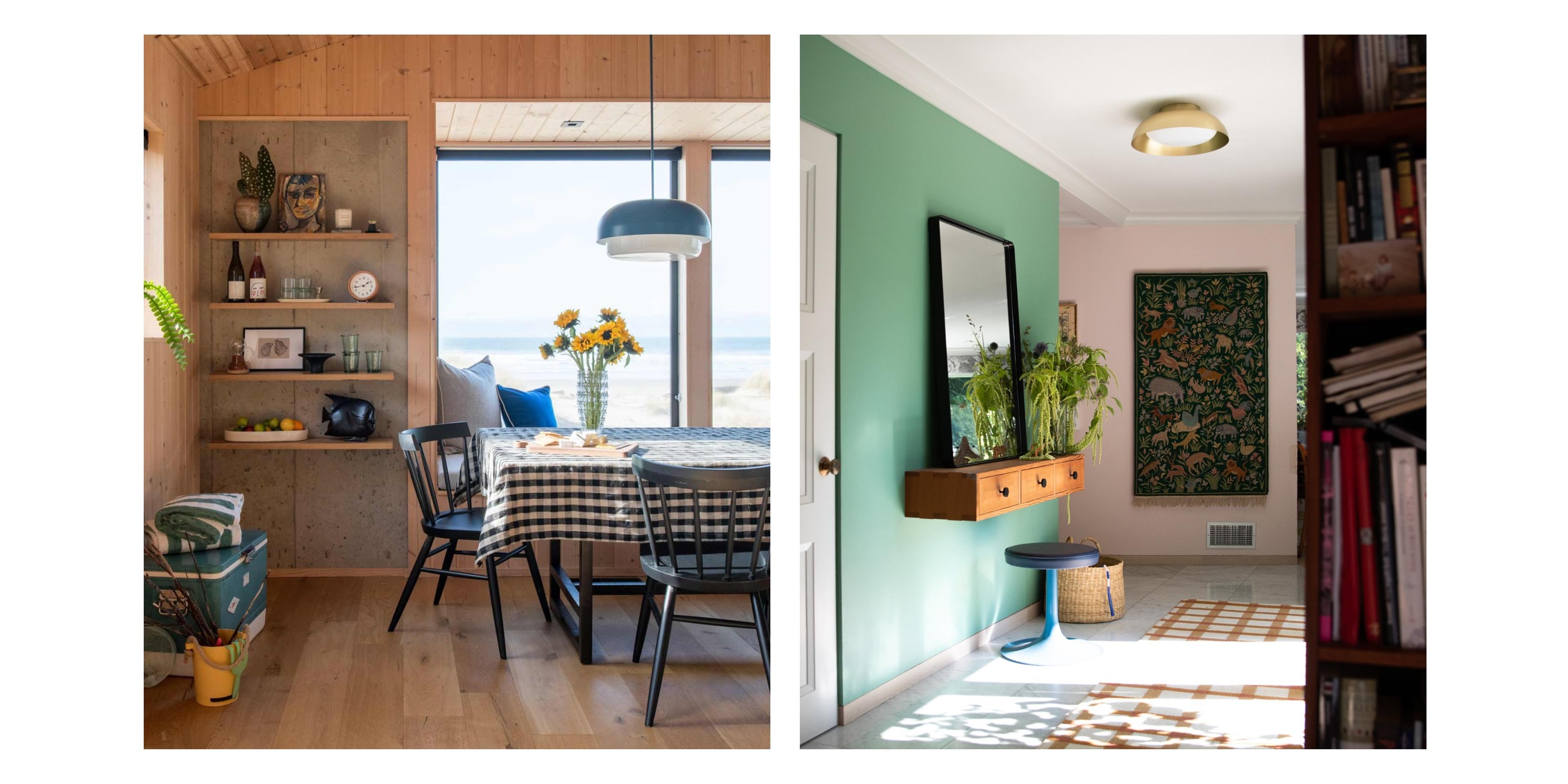 blue pendant over beach house dining table and sconce in green hallway