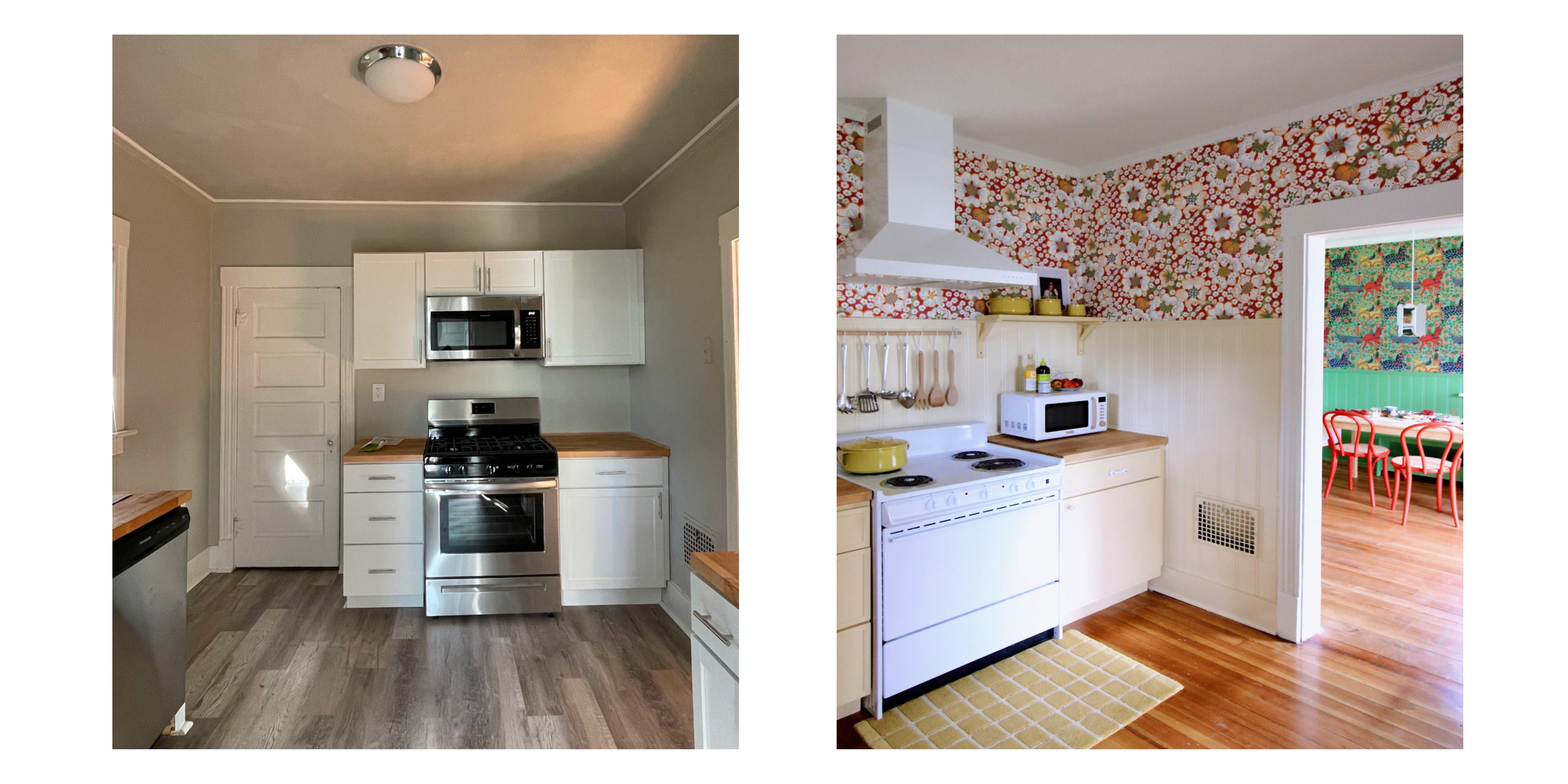 before and after of kitchen from grey to yellow and red with flowers