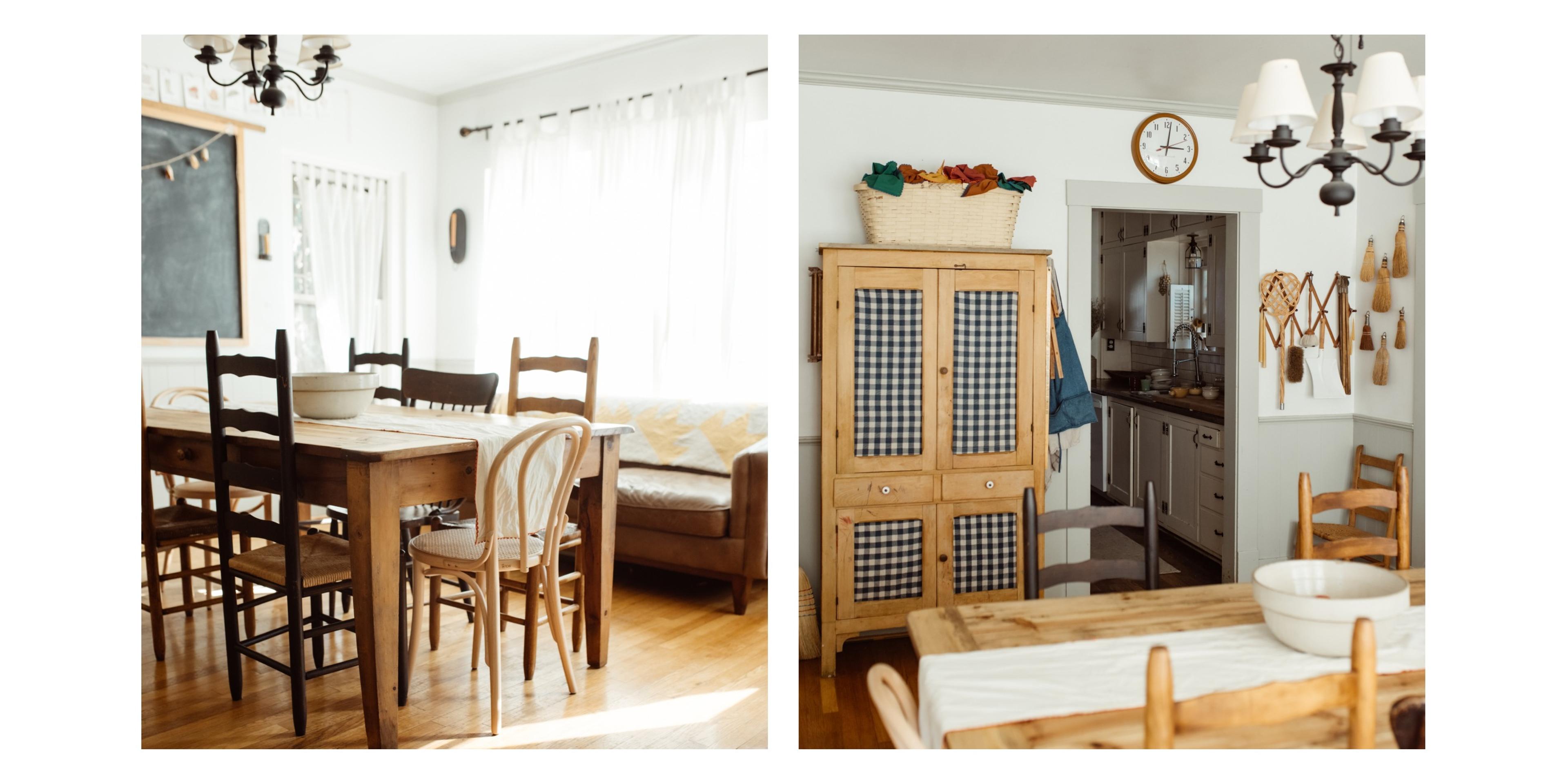 Farmhouse kitchen with wooden table, blackboard and butterscotch clock