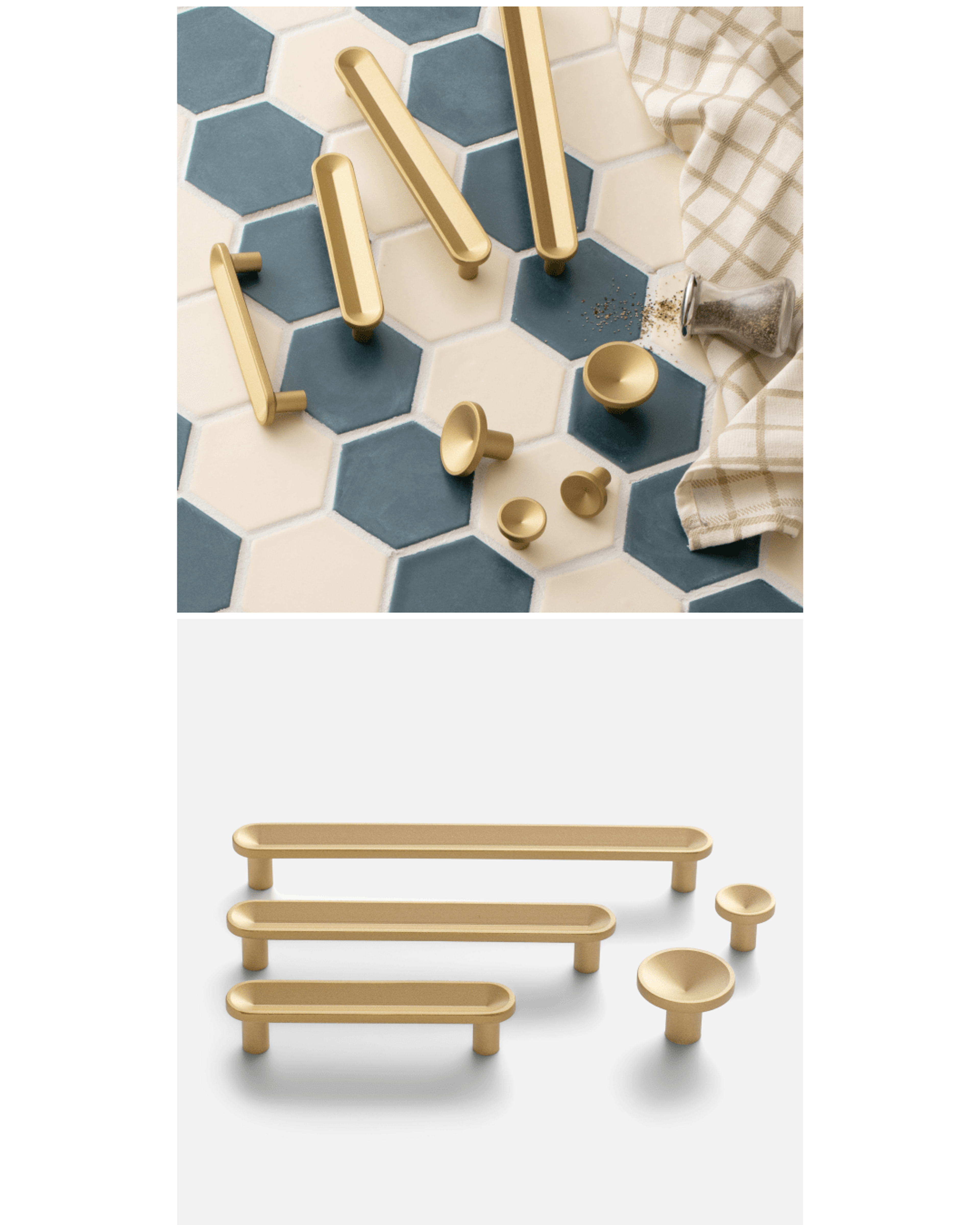 Natural Brass pulls and knobs on white background and tiled surface