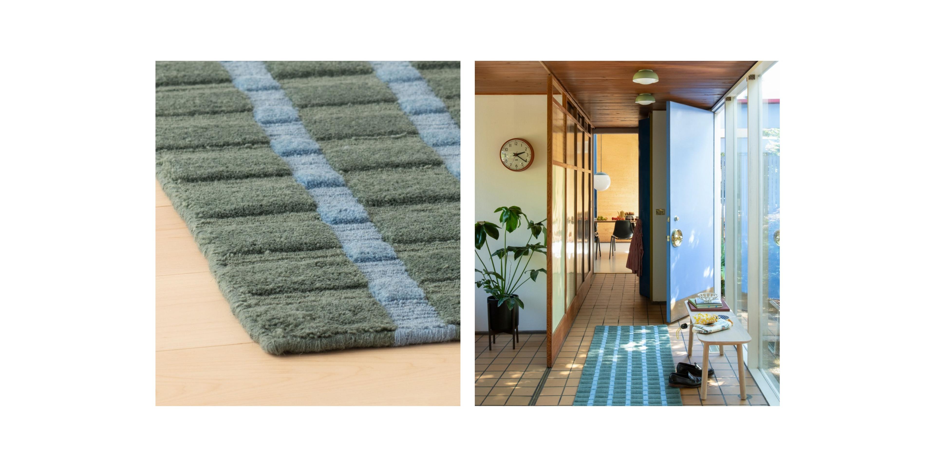 Blue and green loop woven runner in entryway 