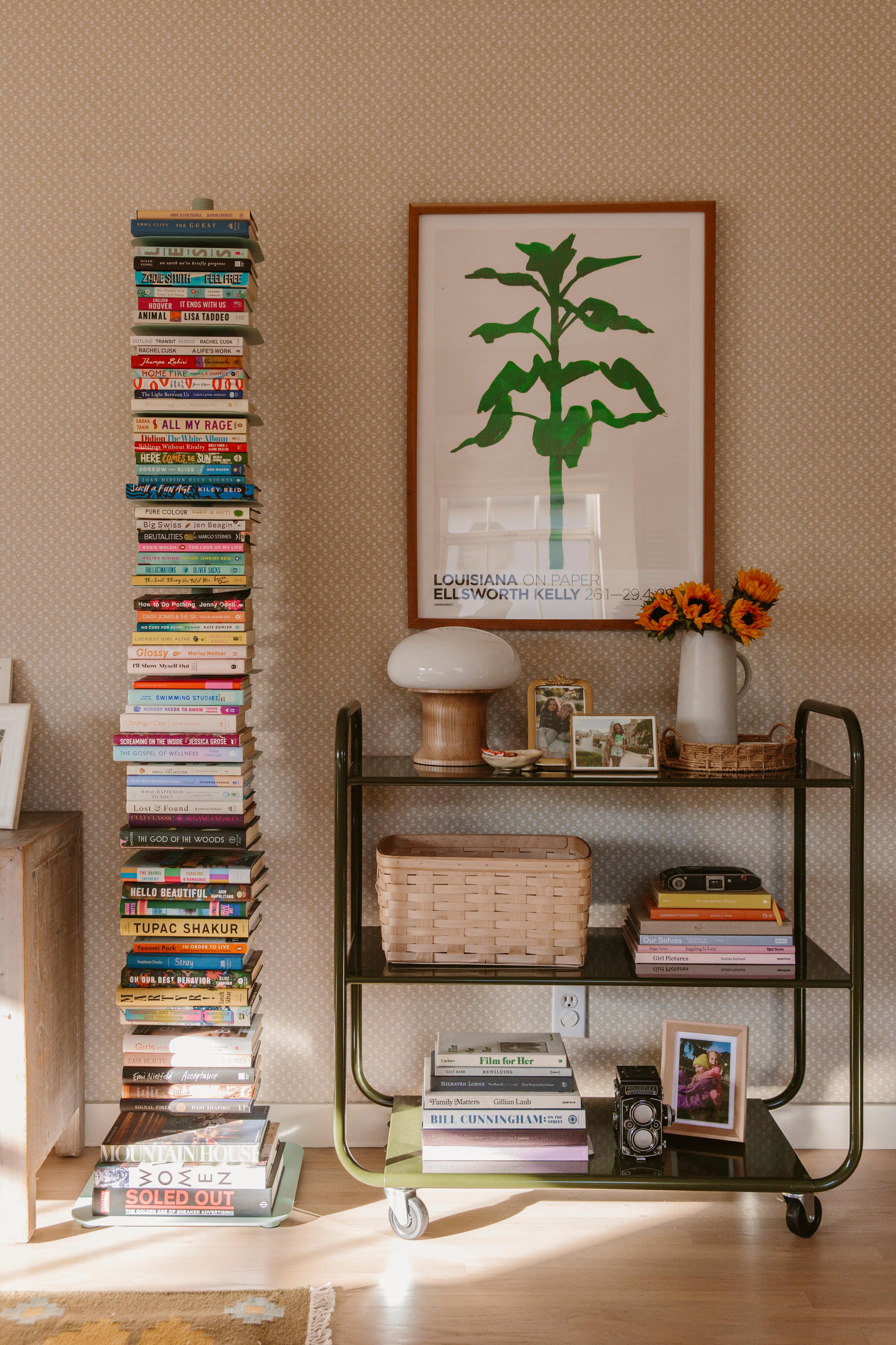 Utility Cart with stacked books, table lamp and flowers 