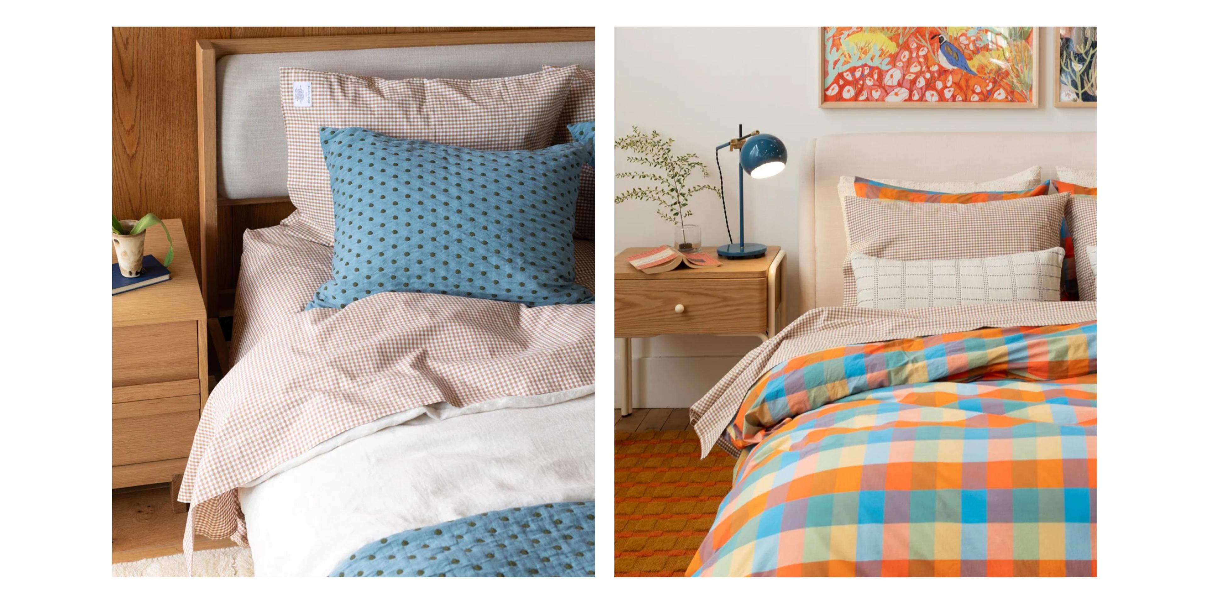 Modern beds with colorful bedding.