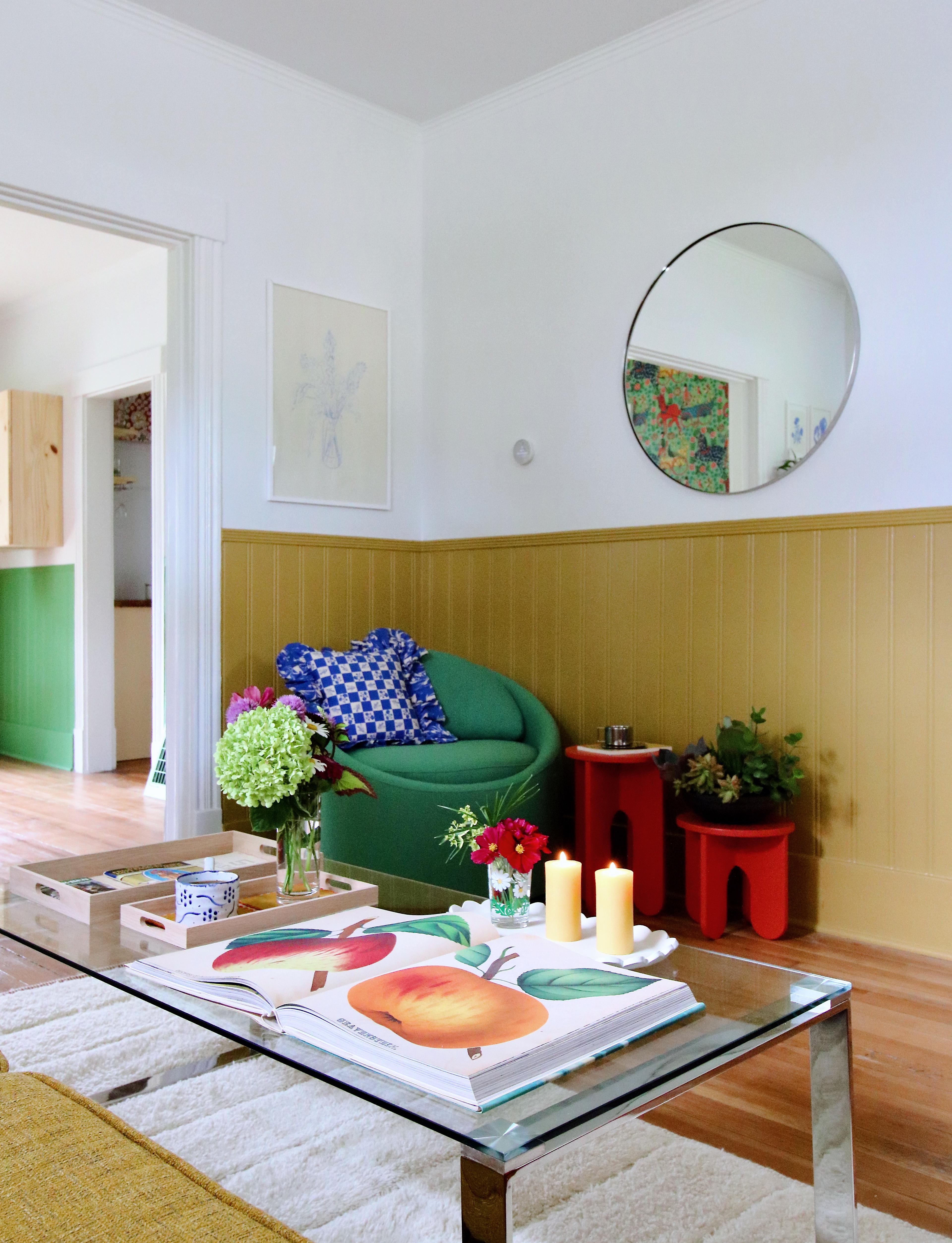 living room corner with green chair