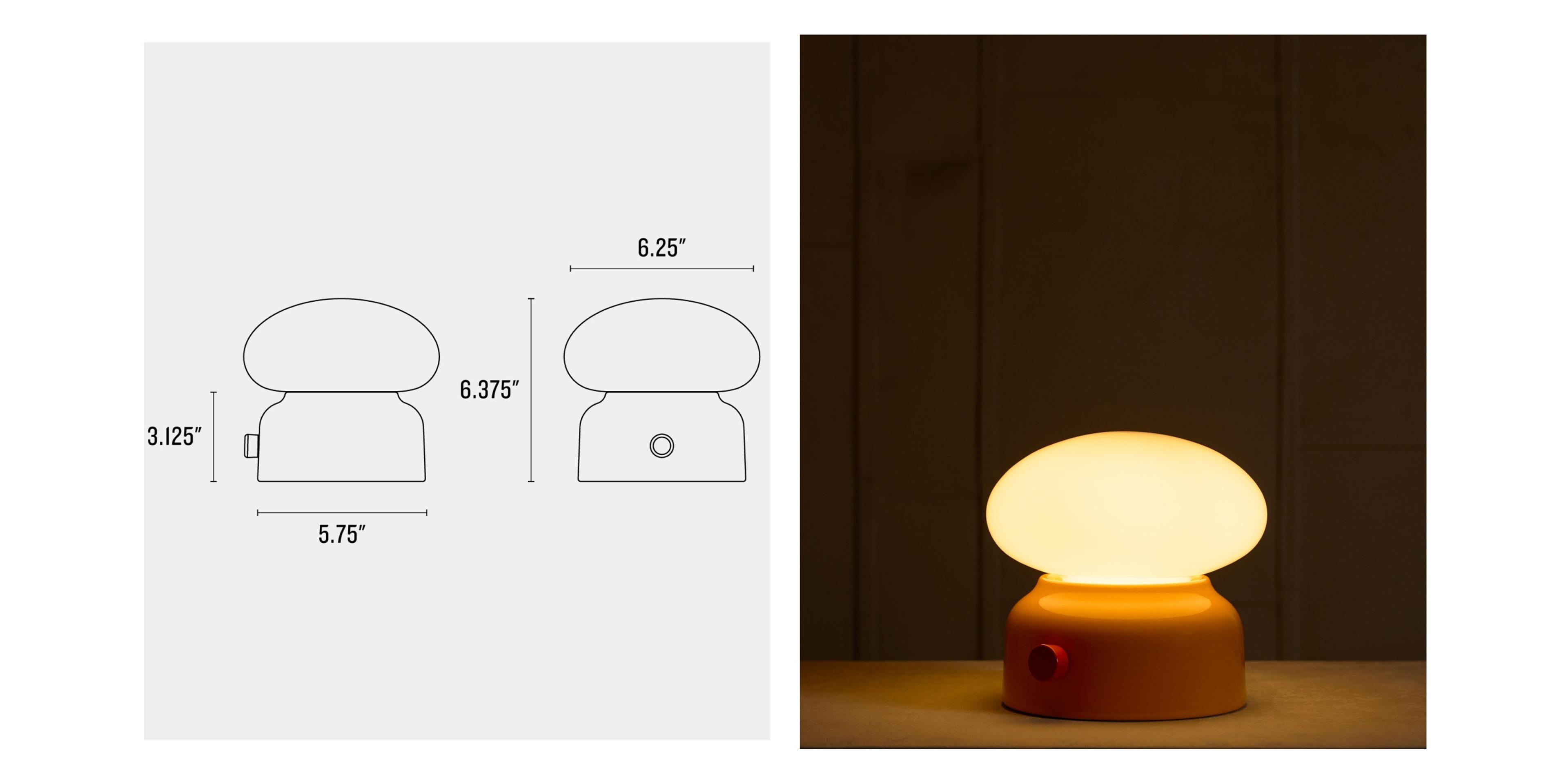 Line drawing and measurements of lamp with lit up yellow lamp & persimmon dimmer knob