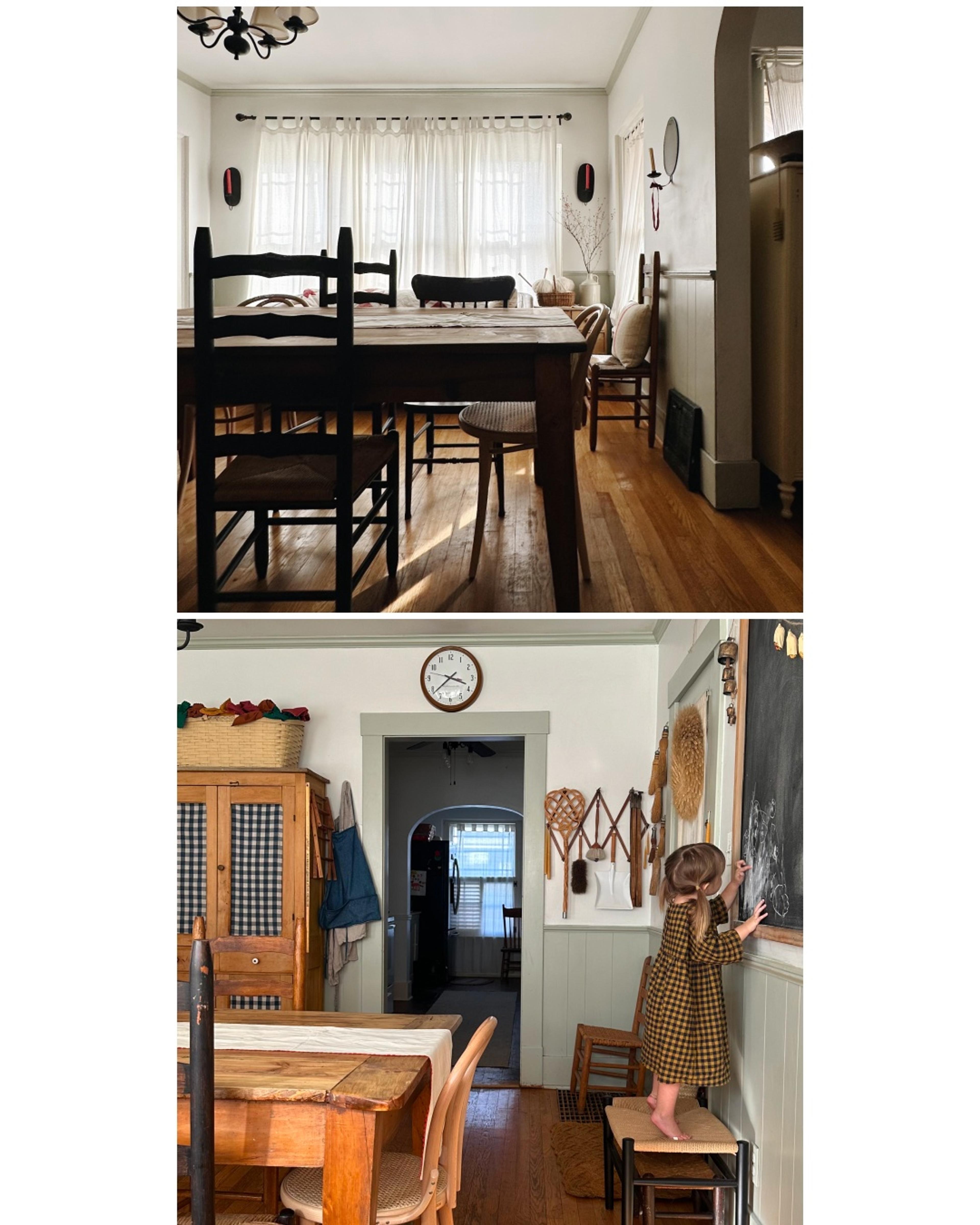 Farmhouse kitchen with wooden table, blackboard and butterscotch clock