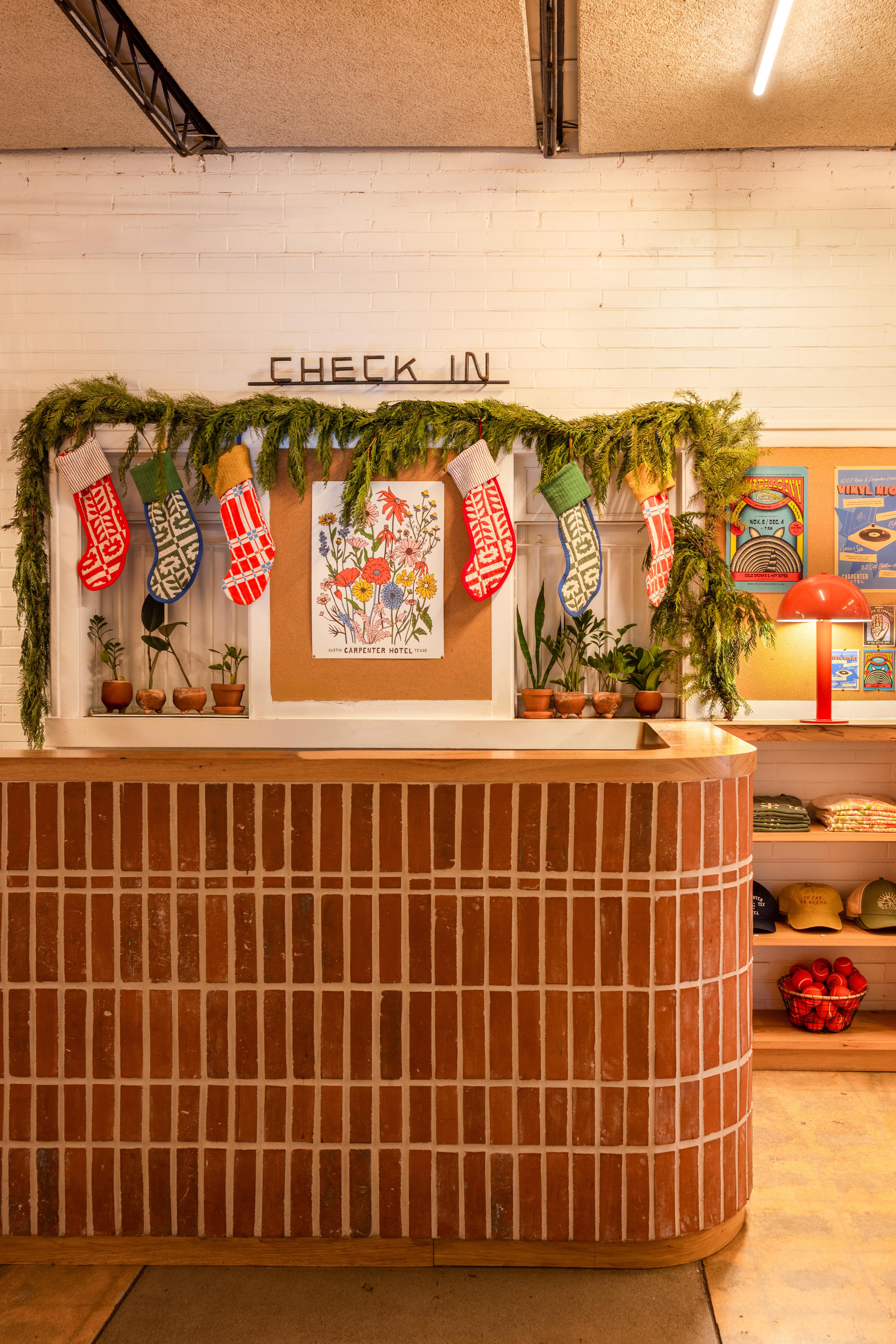 Cozy check-in counter at holiday hotel.