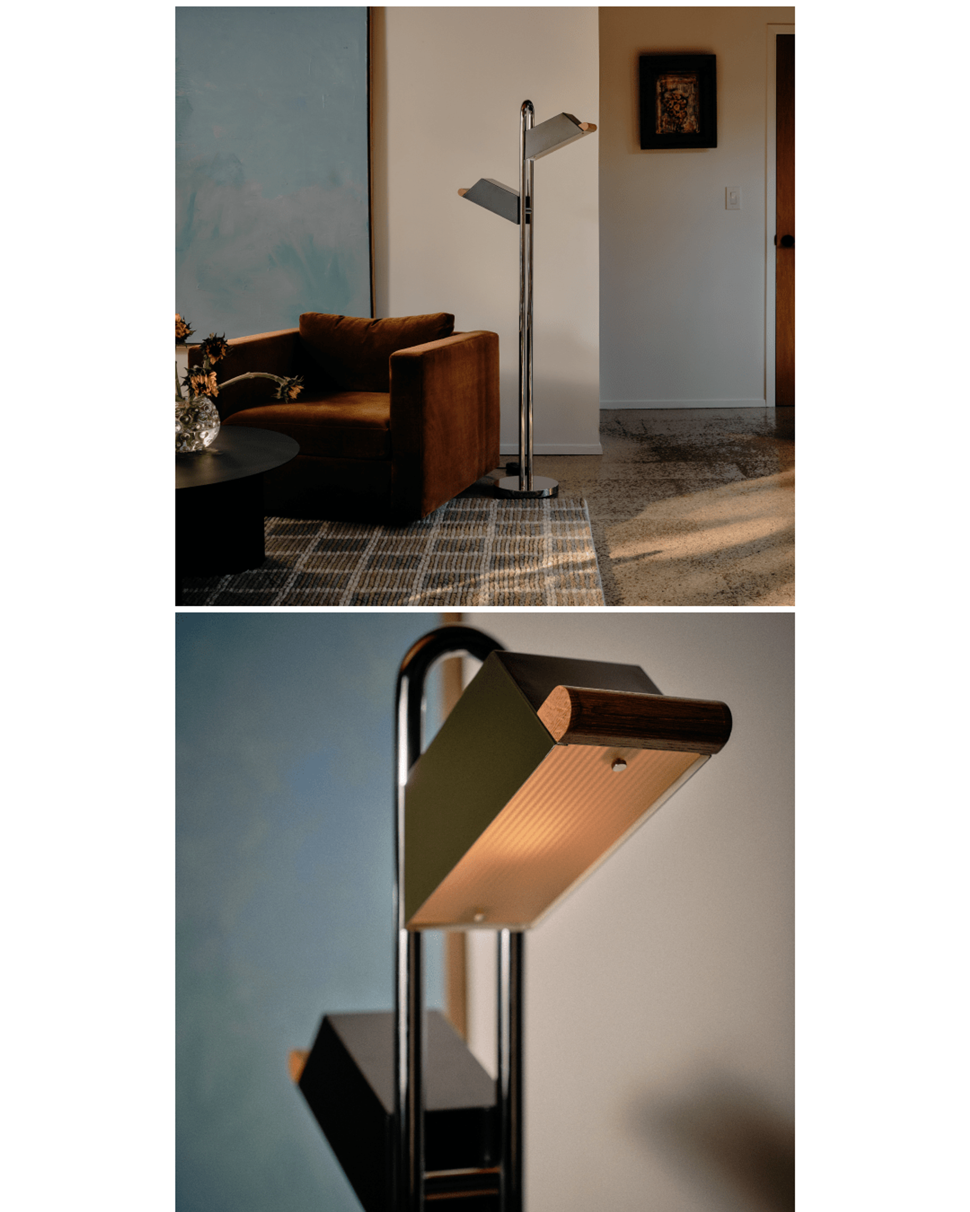 Metal & chrome floor lamp in living room next to toffee velvet chair 