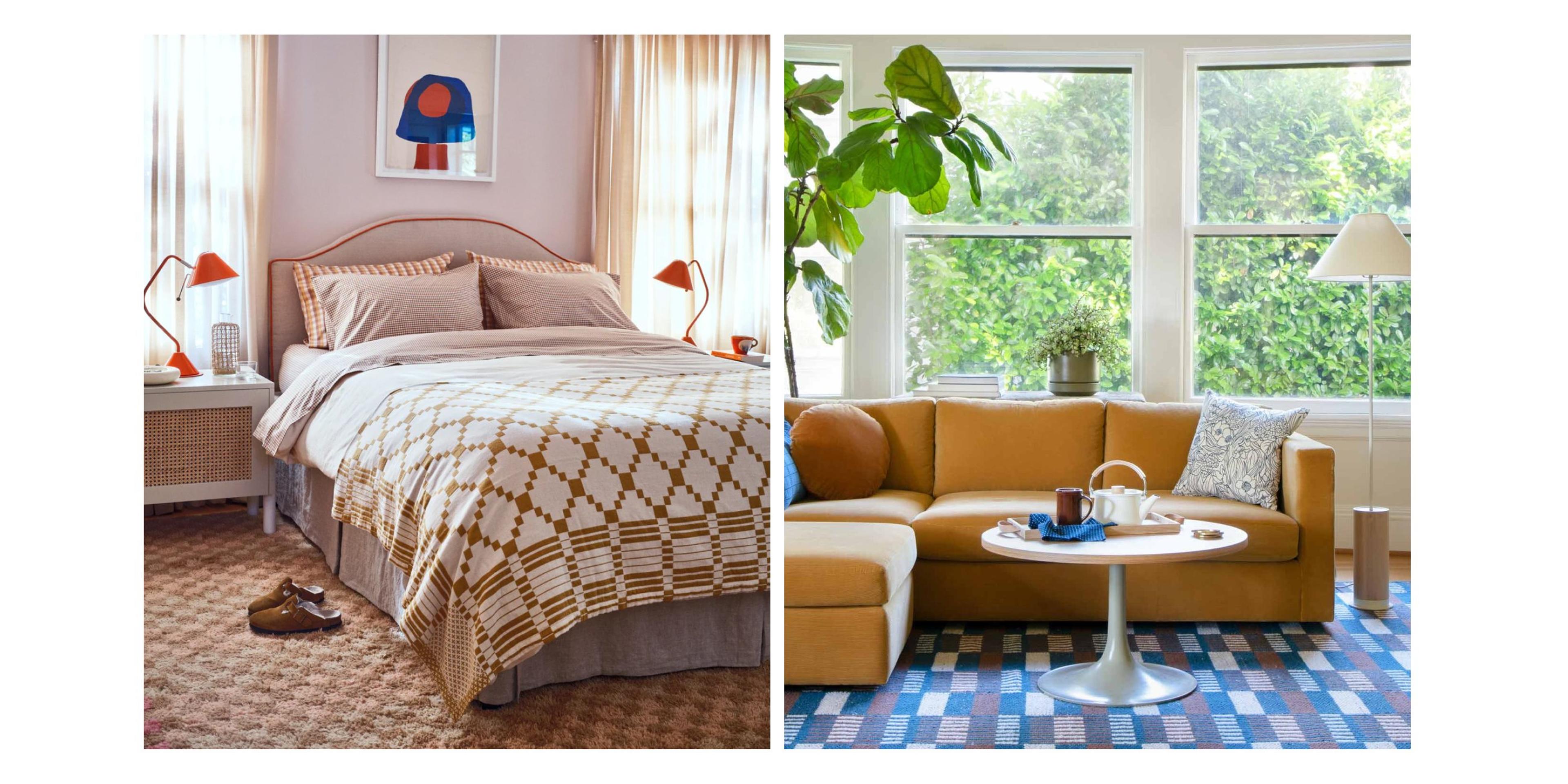 Image of maximalist bed next to image of yellow corduroy sofa. 