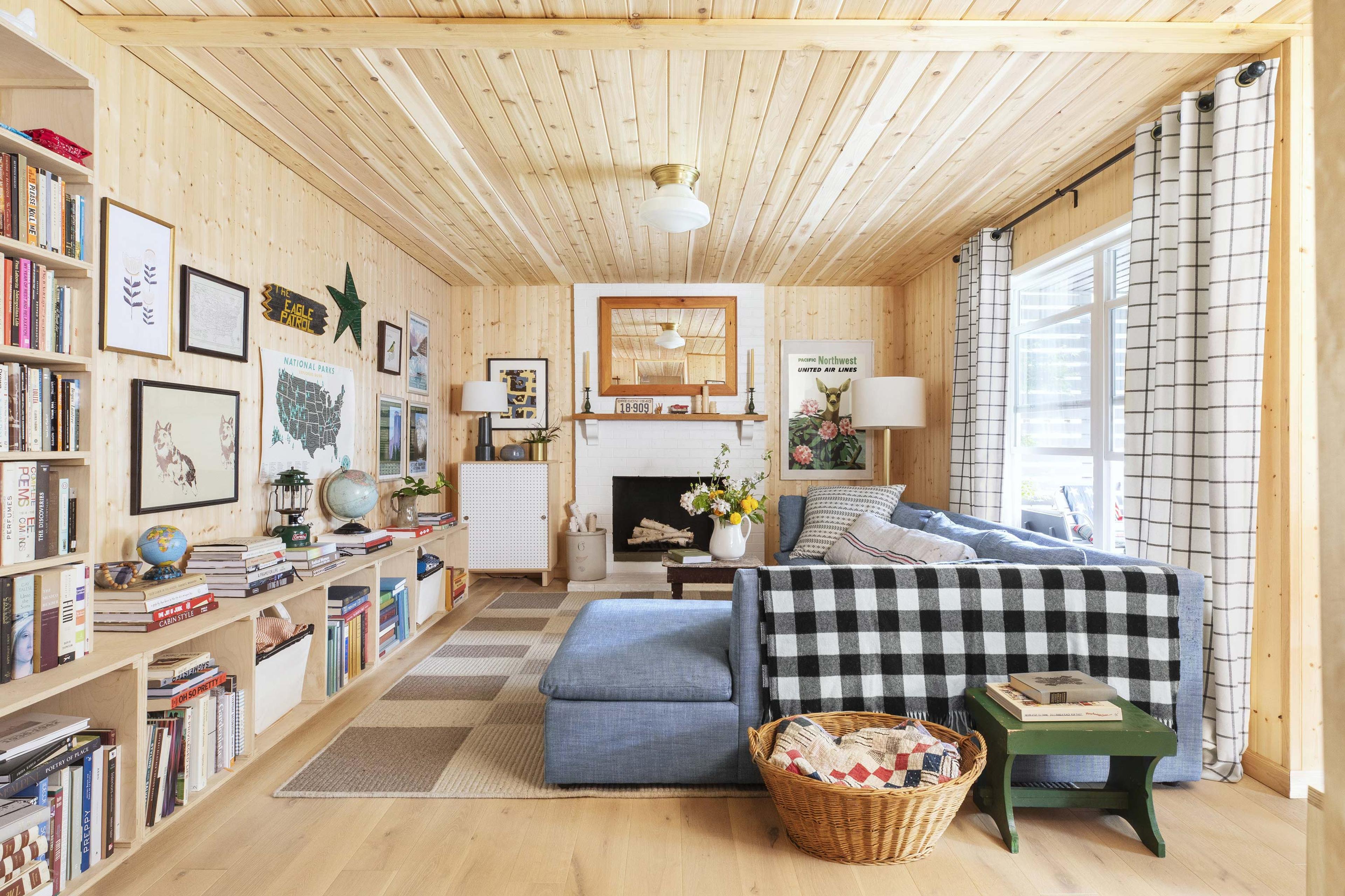 living room with a blue couch