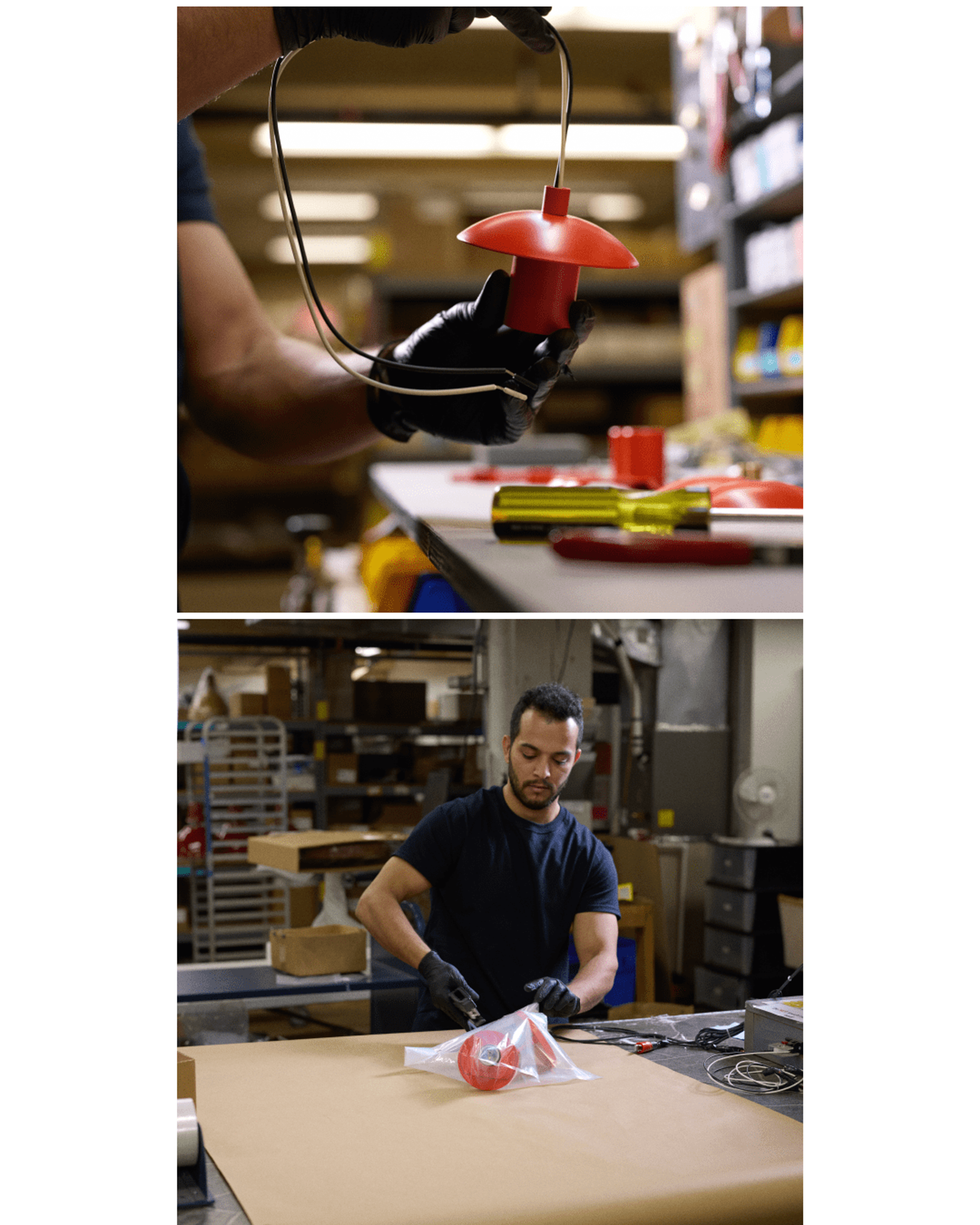 Assembler putting light fixture components together and into plastic packaging