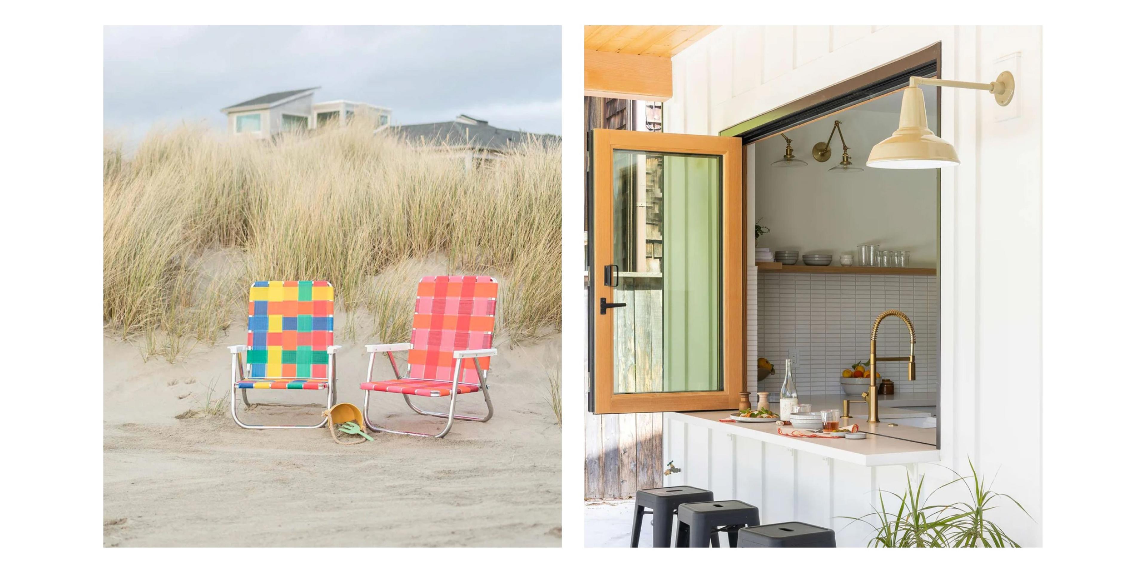 COLORFUL OUTDOOR CHAIRS ON A BEACH.