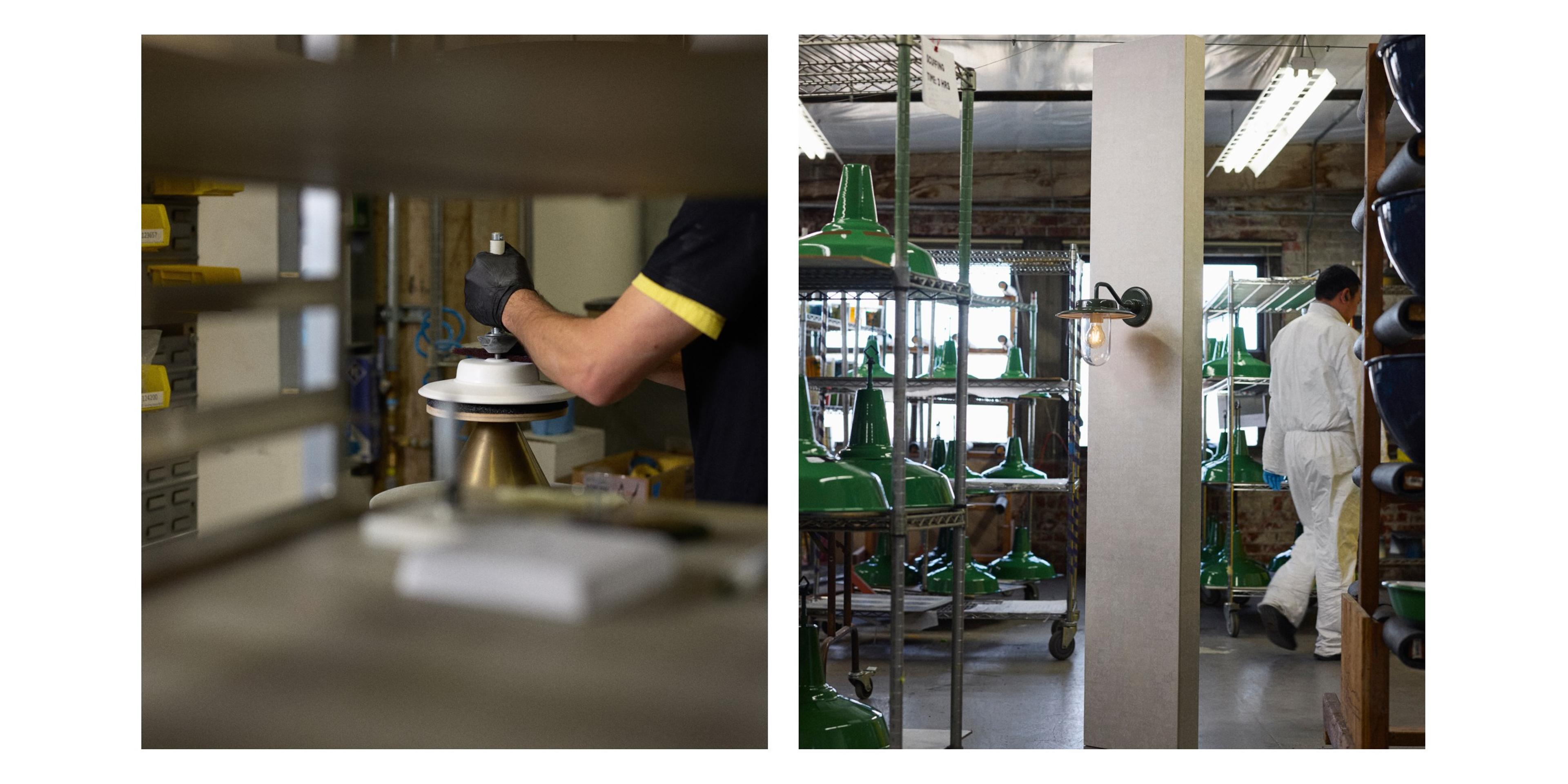 factory worker sanding component of light fixture 