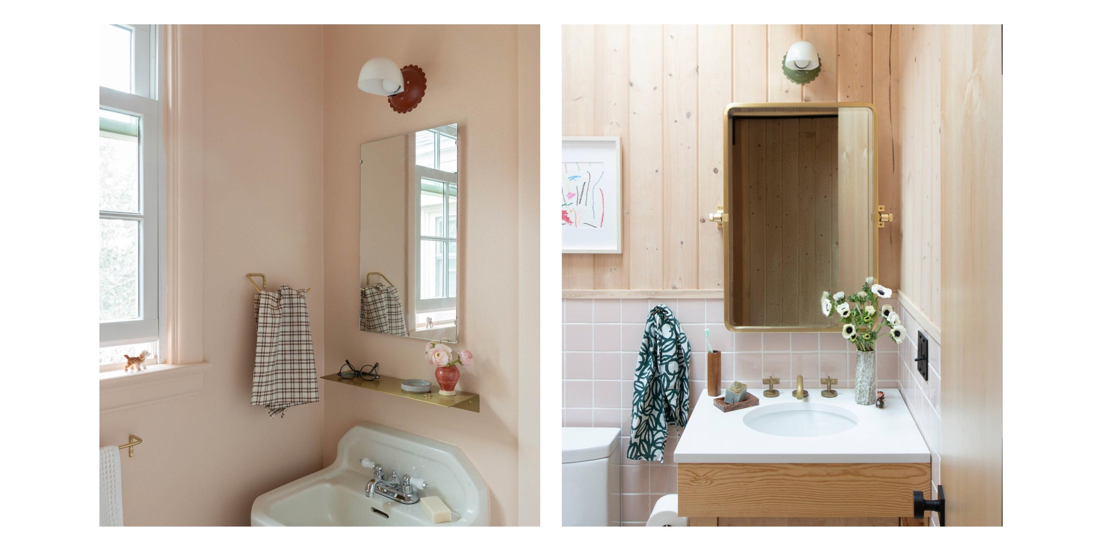 Light bathrooms with light fixtures with scalloped edges and opal glass turtle domed shades above mirror 