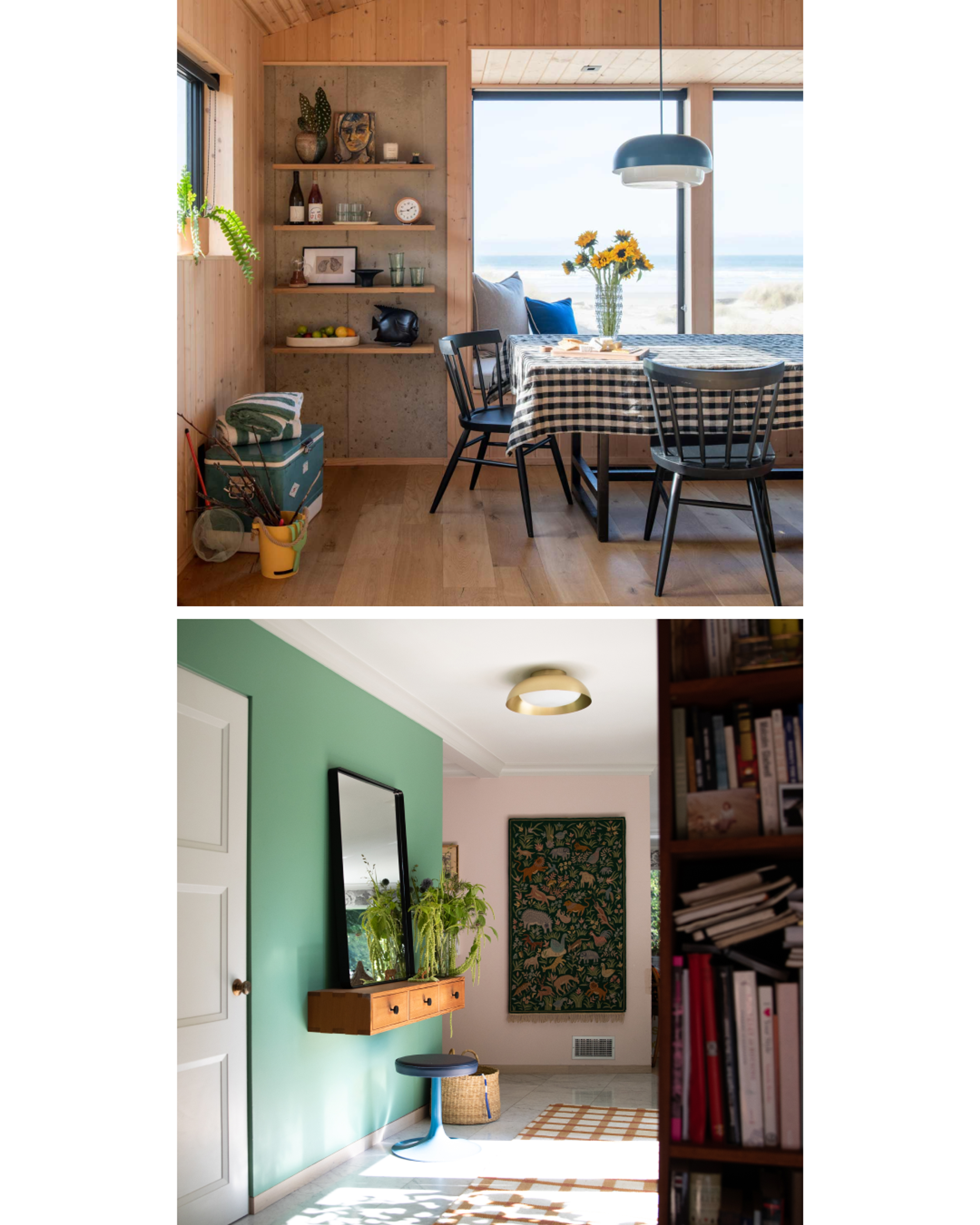 blue pendant over beach house dining table and sconce in green hallway