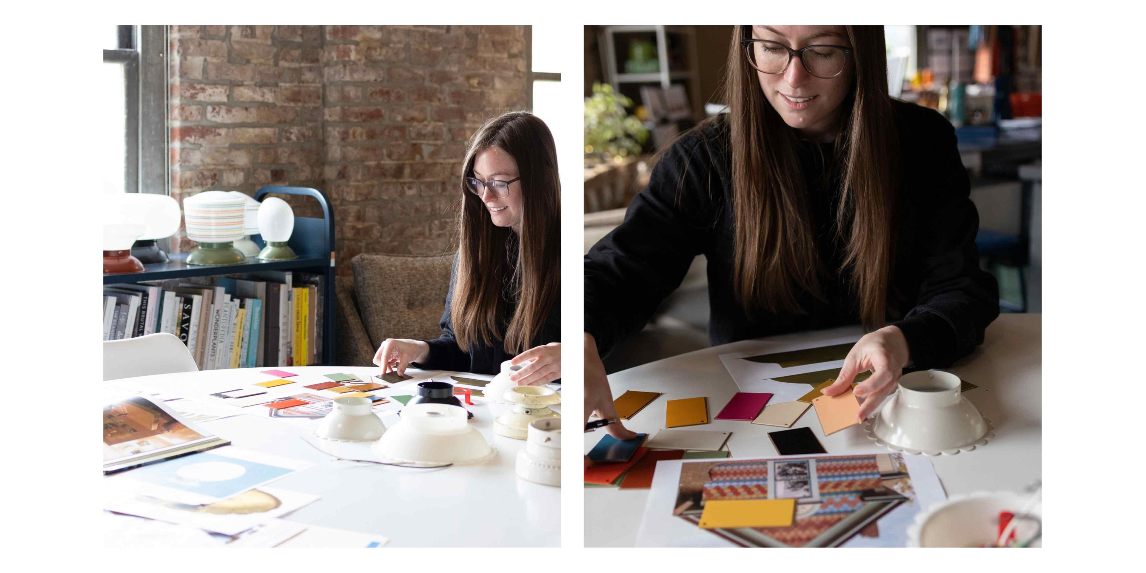 Designer at table with different sized scalloped shades and color samples