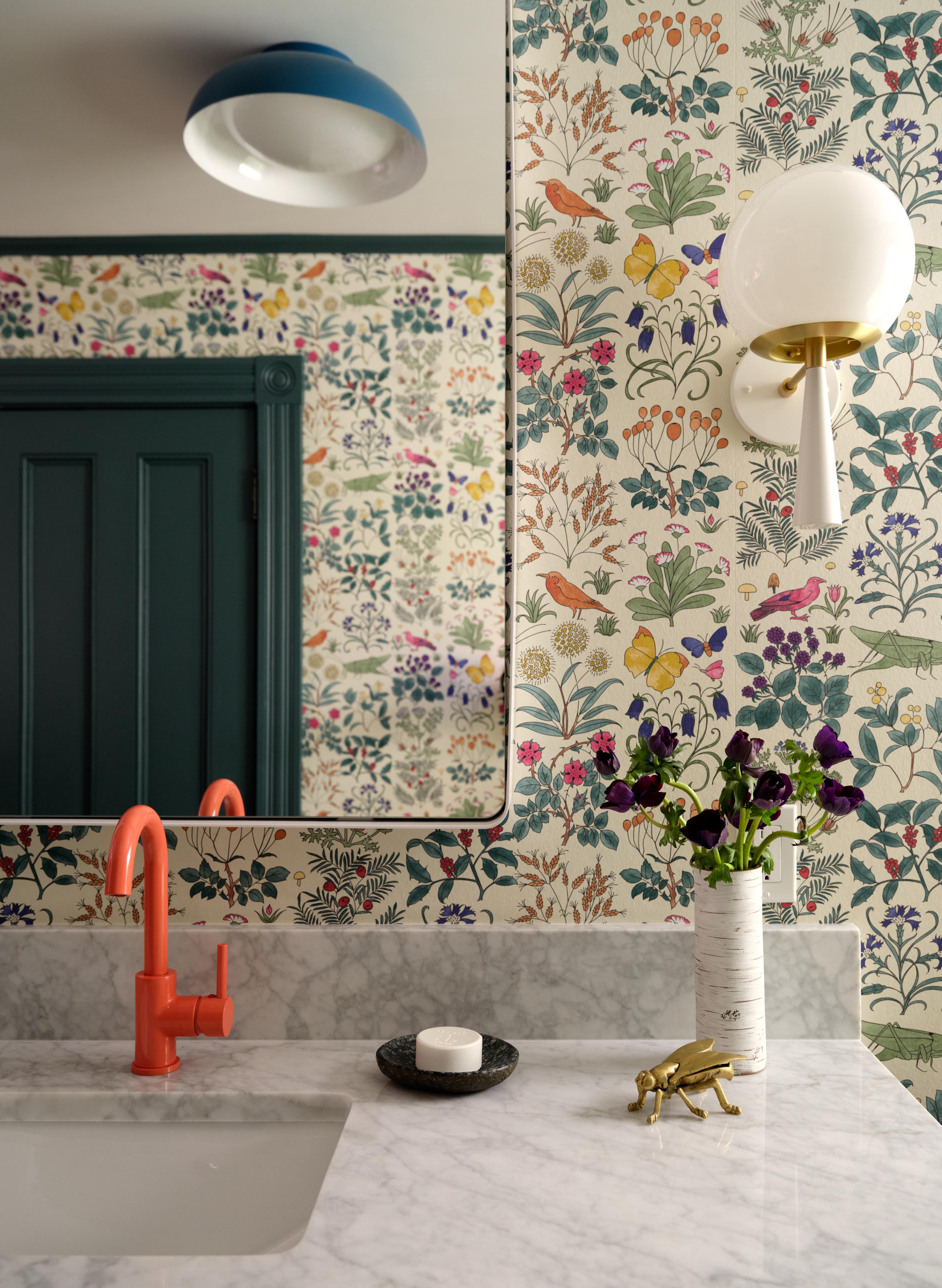 colorful bathroom with bird wallpaper