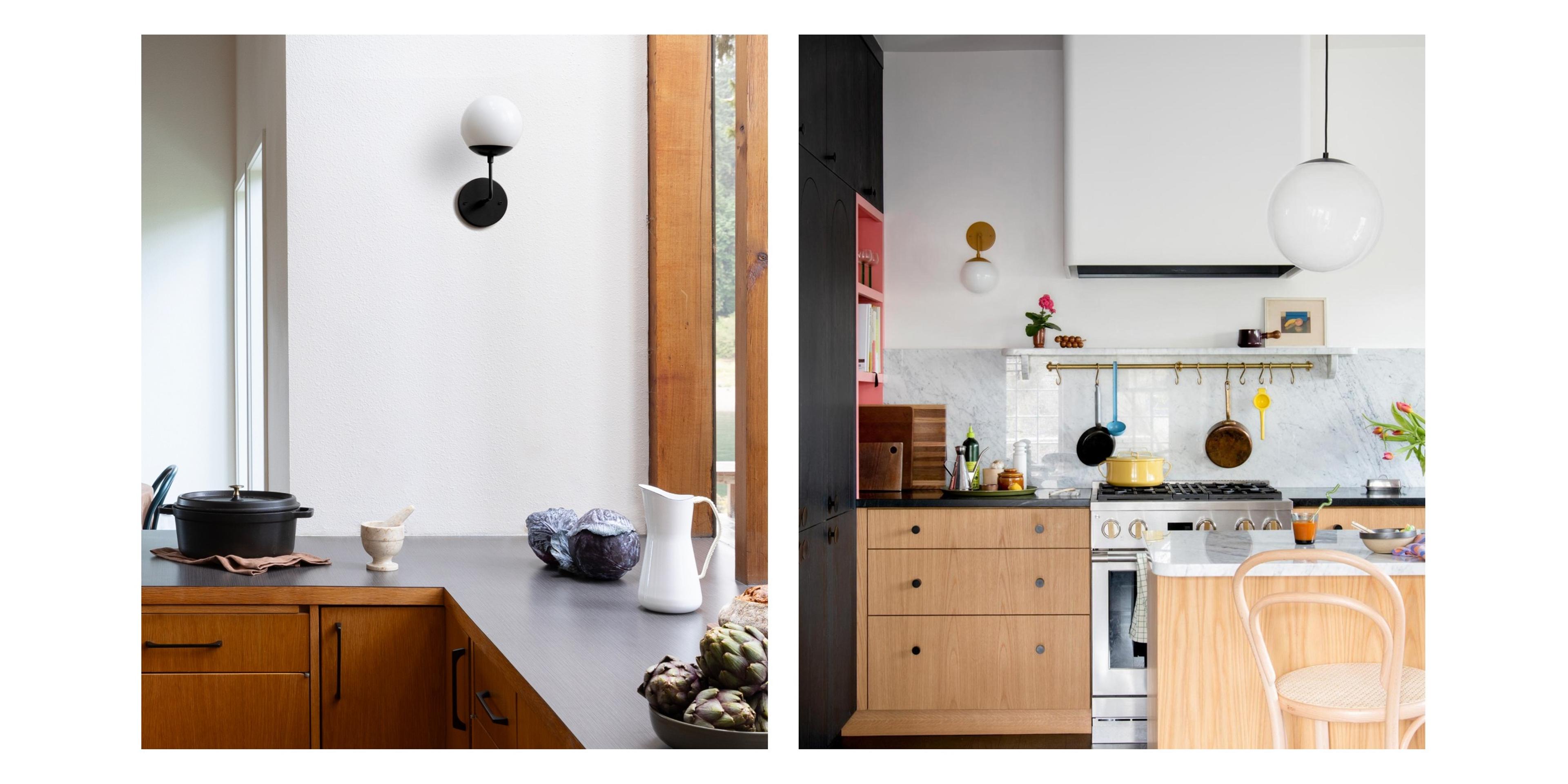 L-Sconces with opal globe shades in modern kitchen above counter