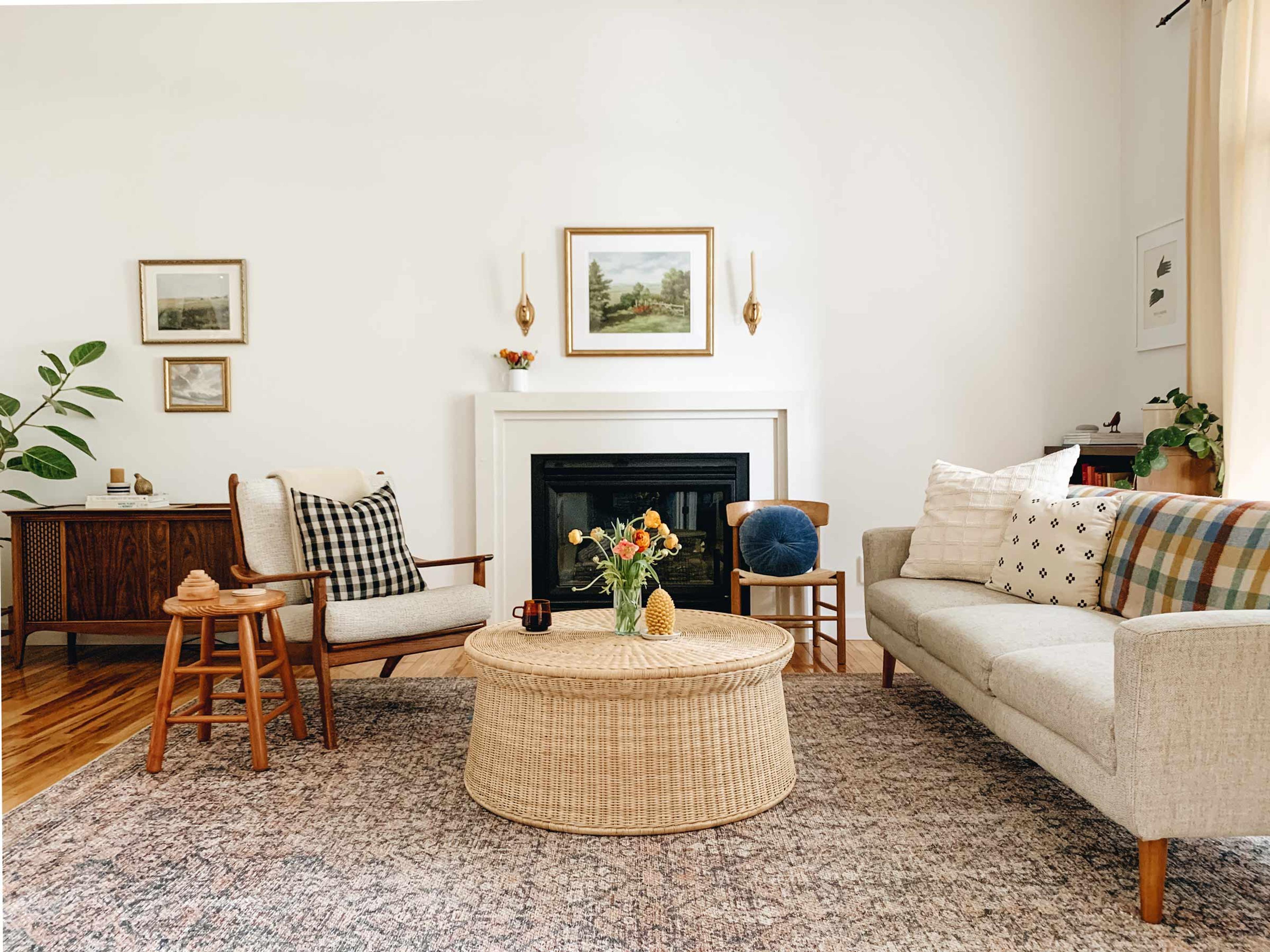 Hand-painted floral wallpaper in a charming home. 