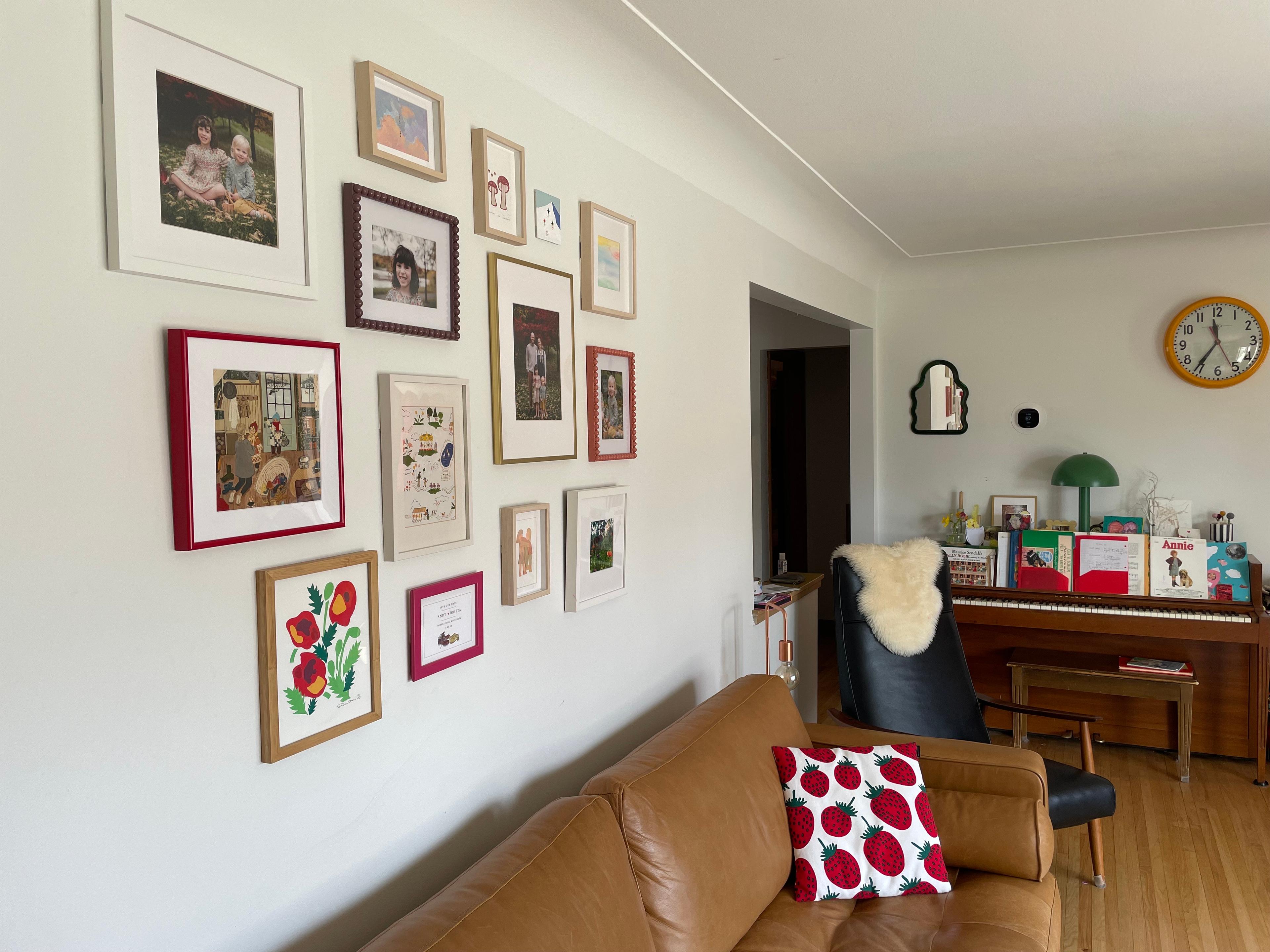 Gallery wall above a sofa.