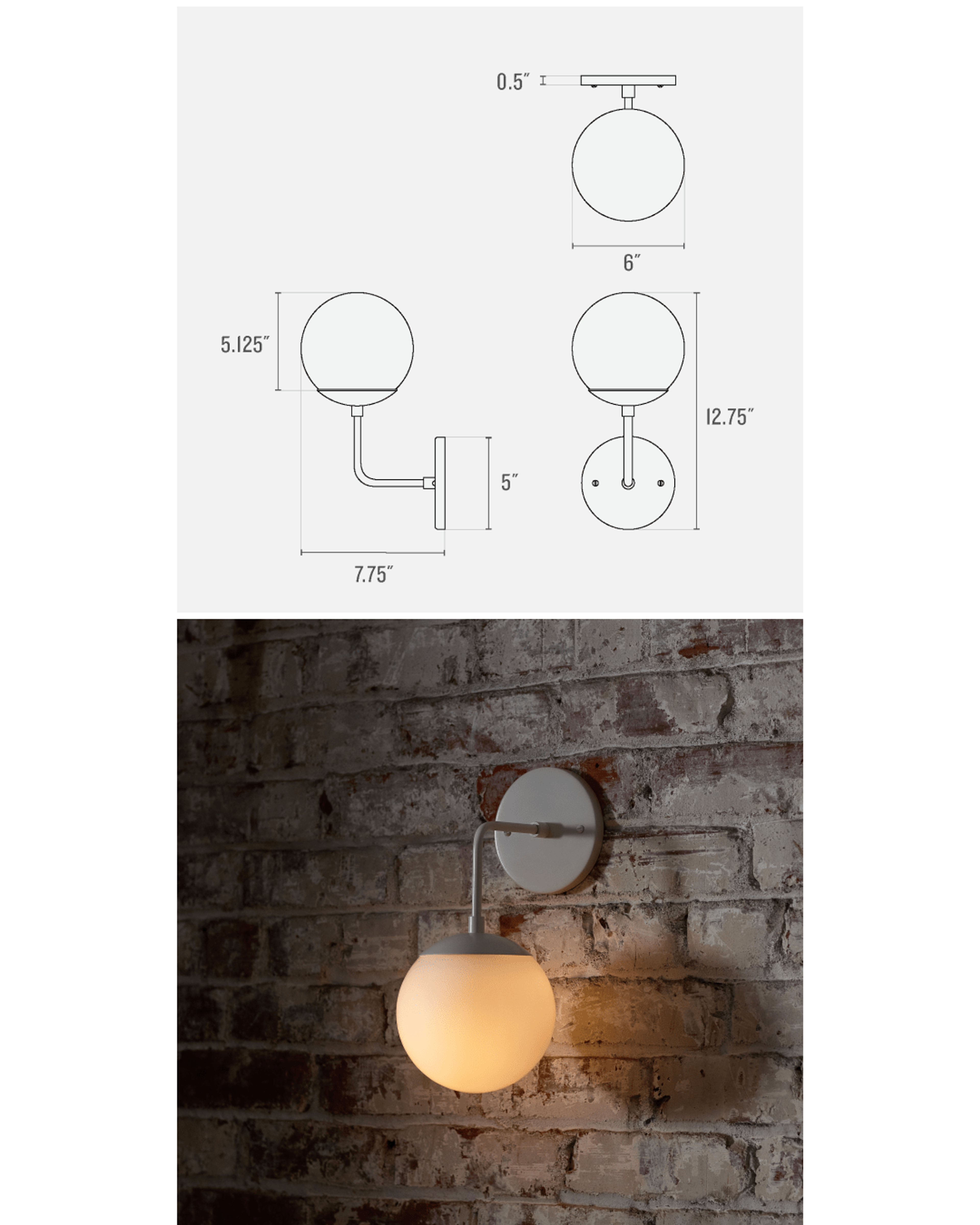 L-Sconce with globe shade measurements side by side product image