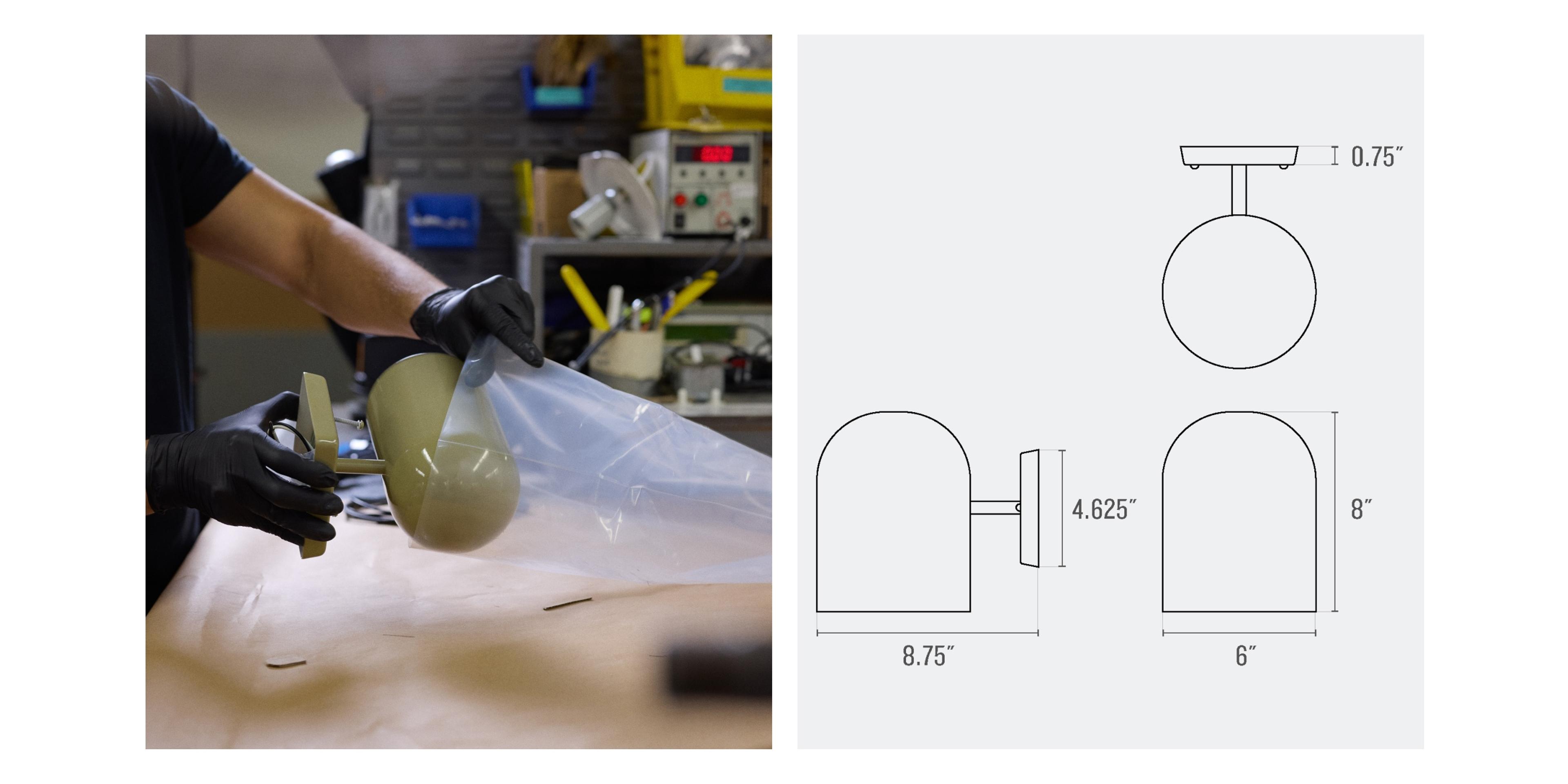 Line drawing of sconce and factory employee packaging sage green sconce