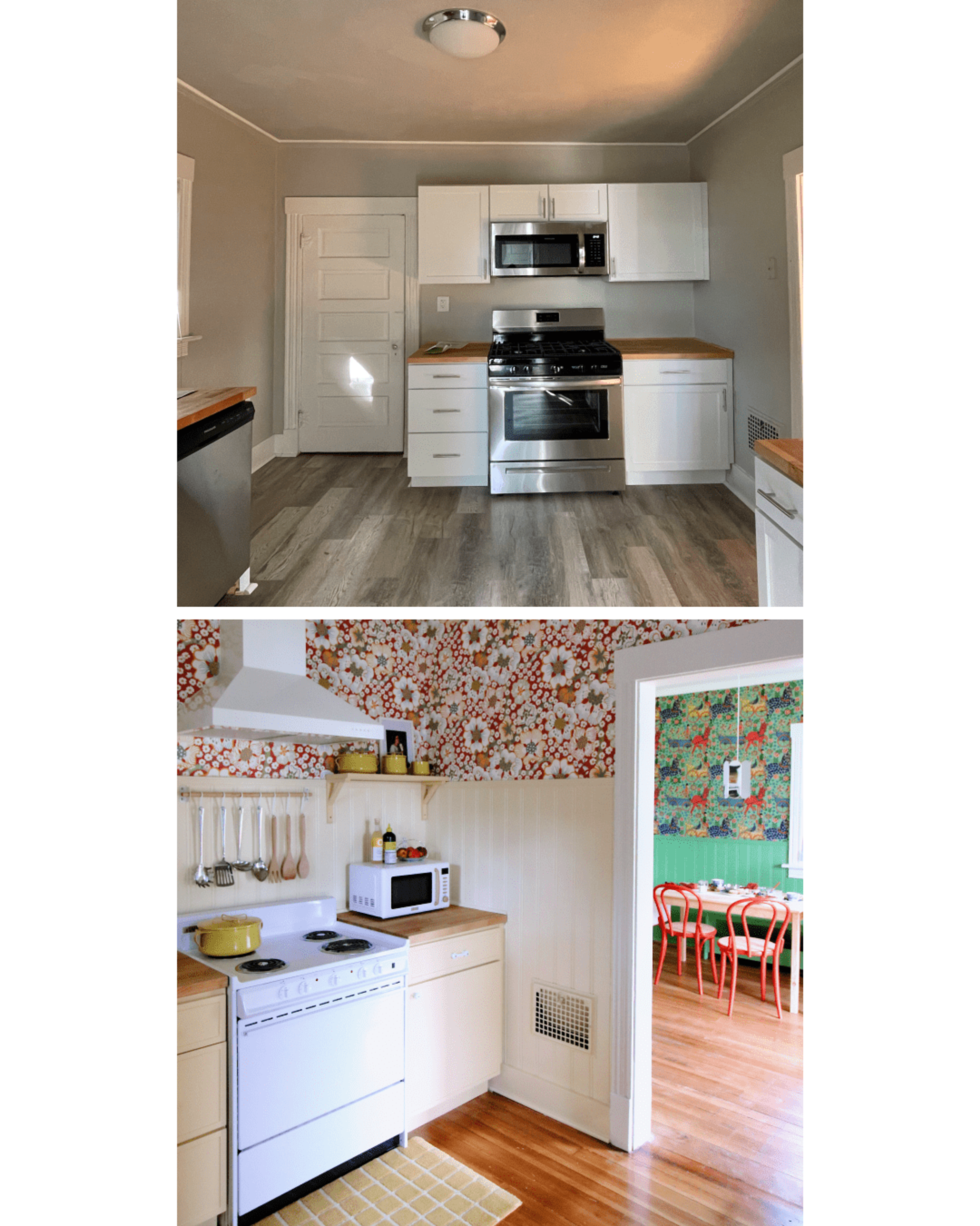 before and after of kitchen from grey to yellow and red with flowers