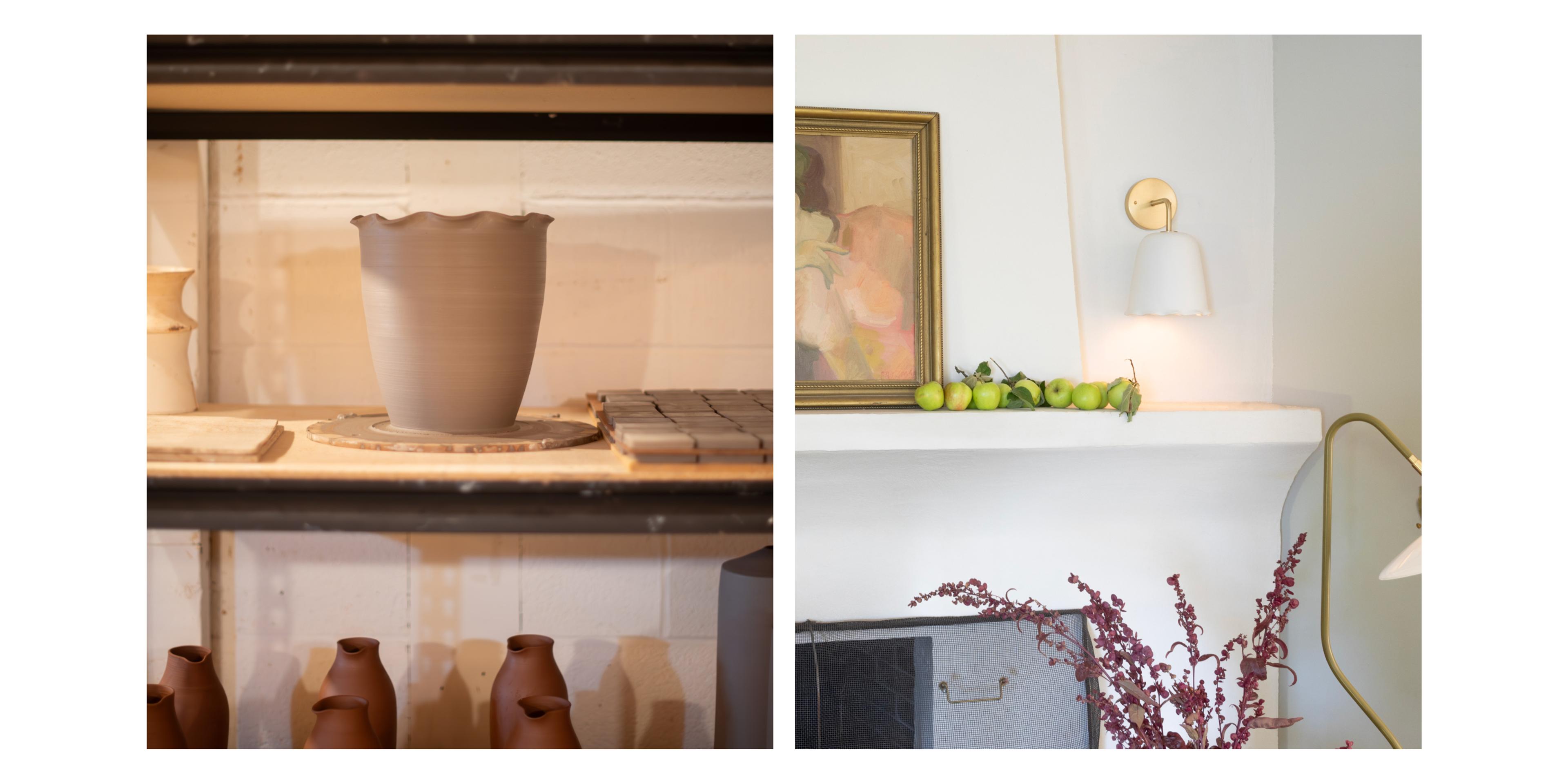 ceramic sculpture drying on shelf and image of finished sculpture as lighting fixture