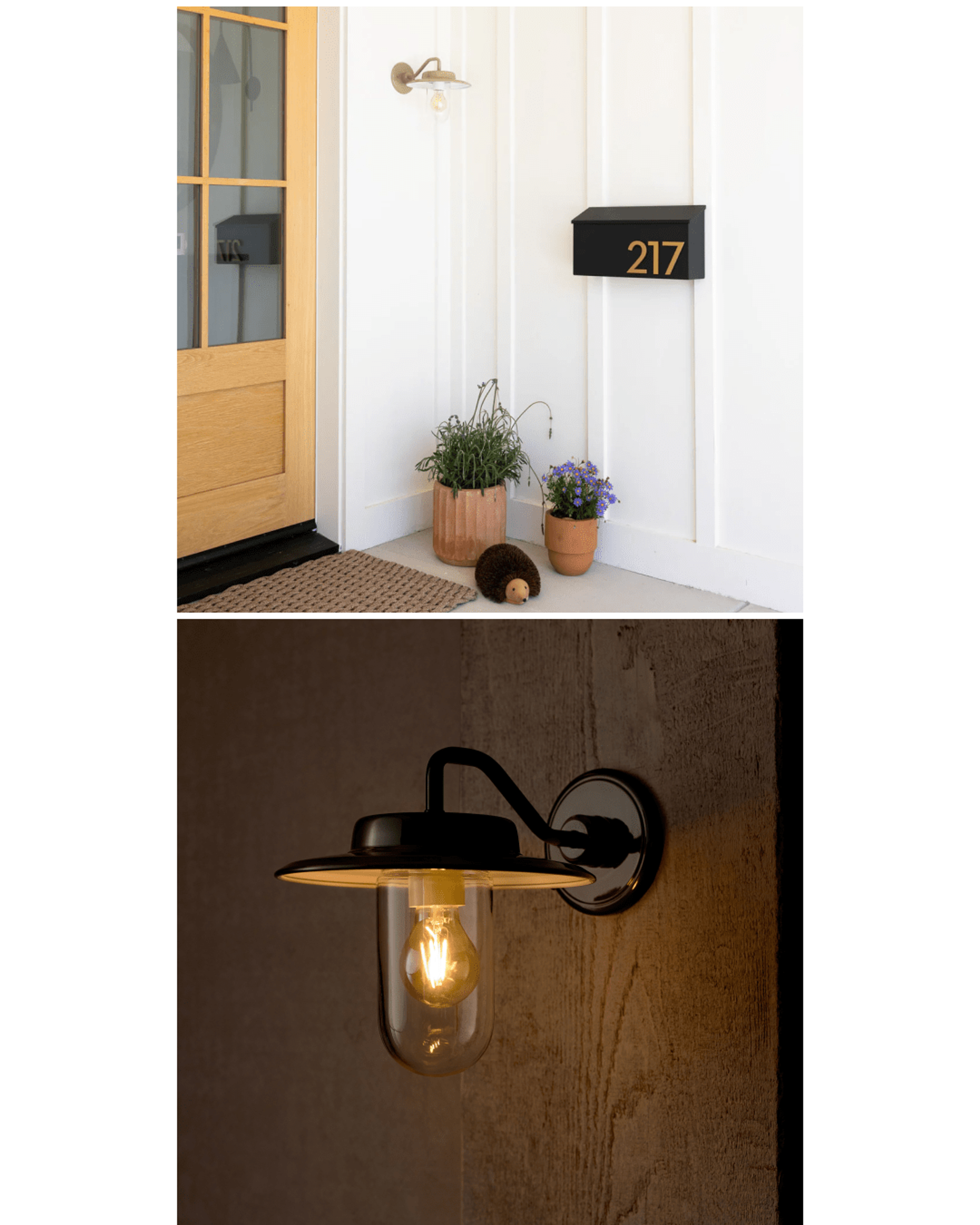 wooden front door with plants, mailbox and sage green factory sconce