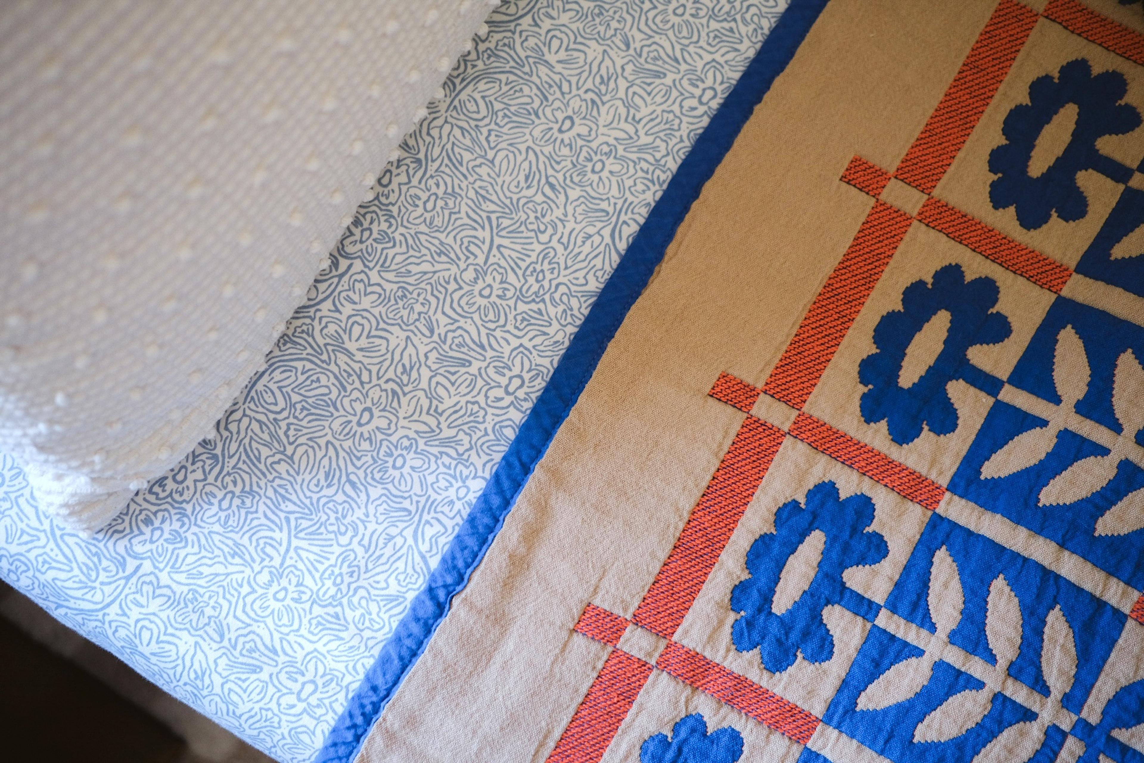 Up close shot of bedding. 
