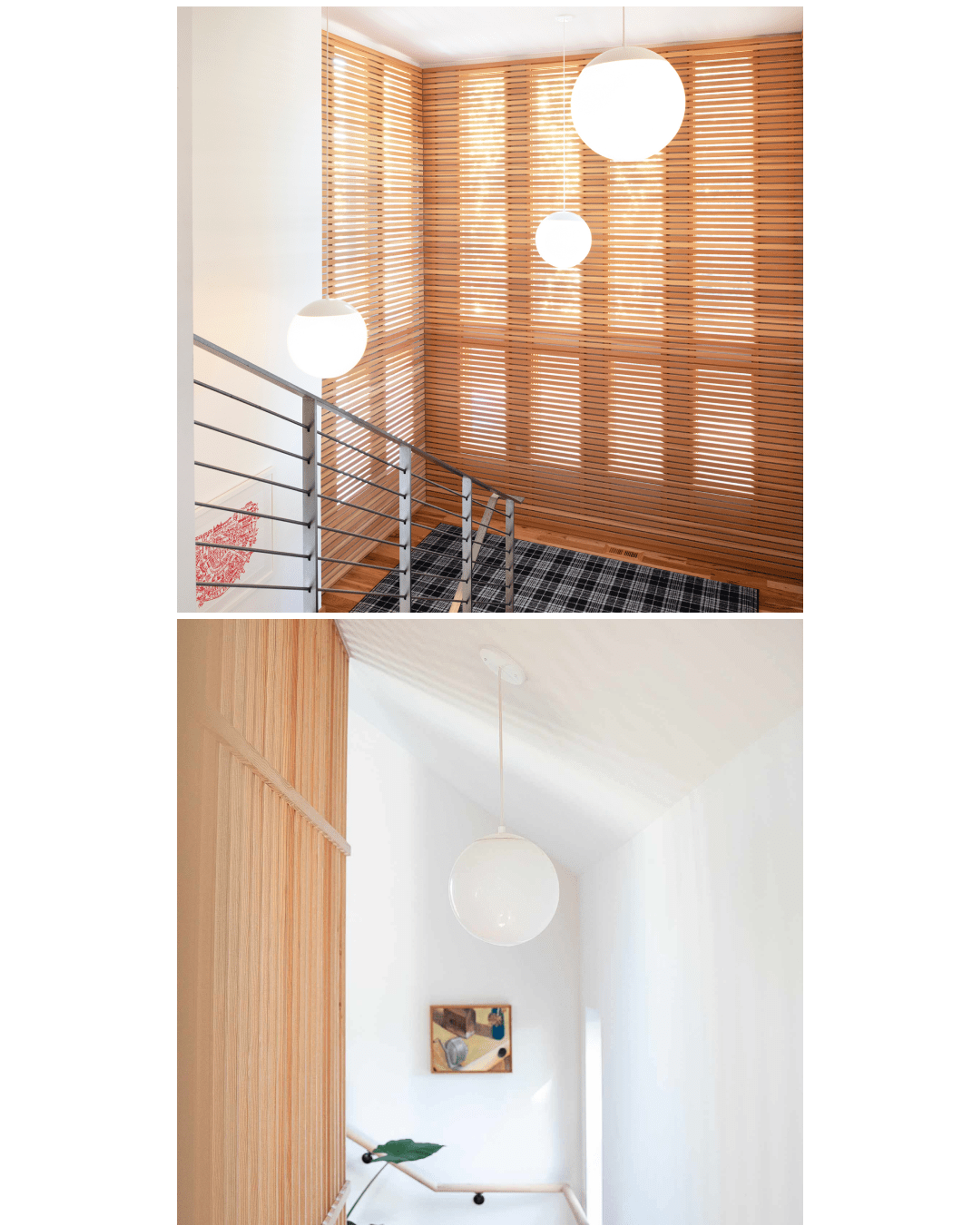 White pendant lights with globe shades in stairway 