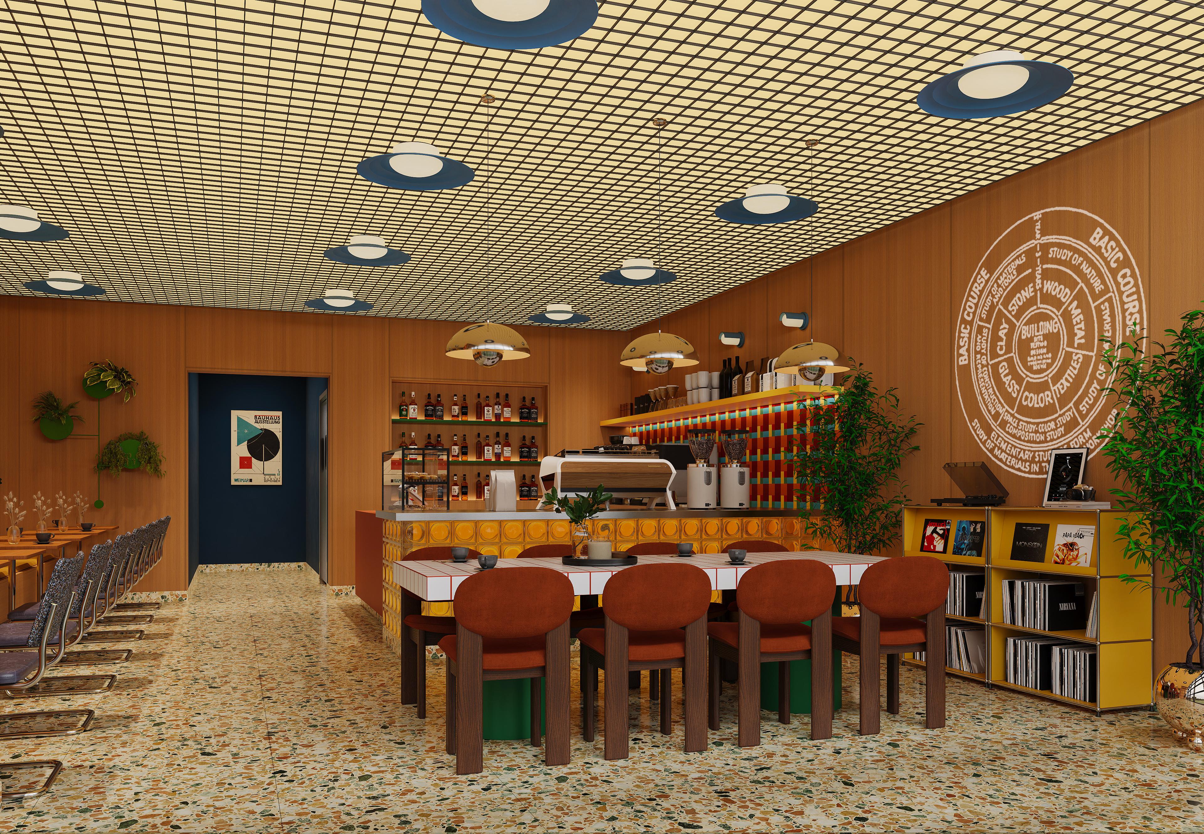 Cafe with blue overhead lights