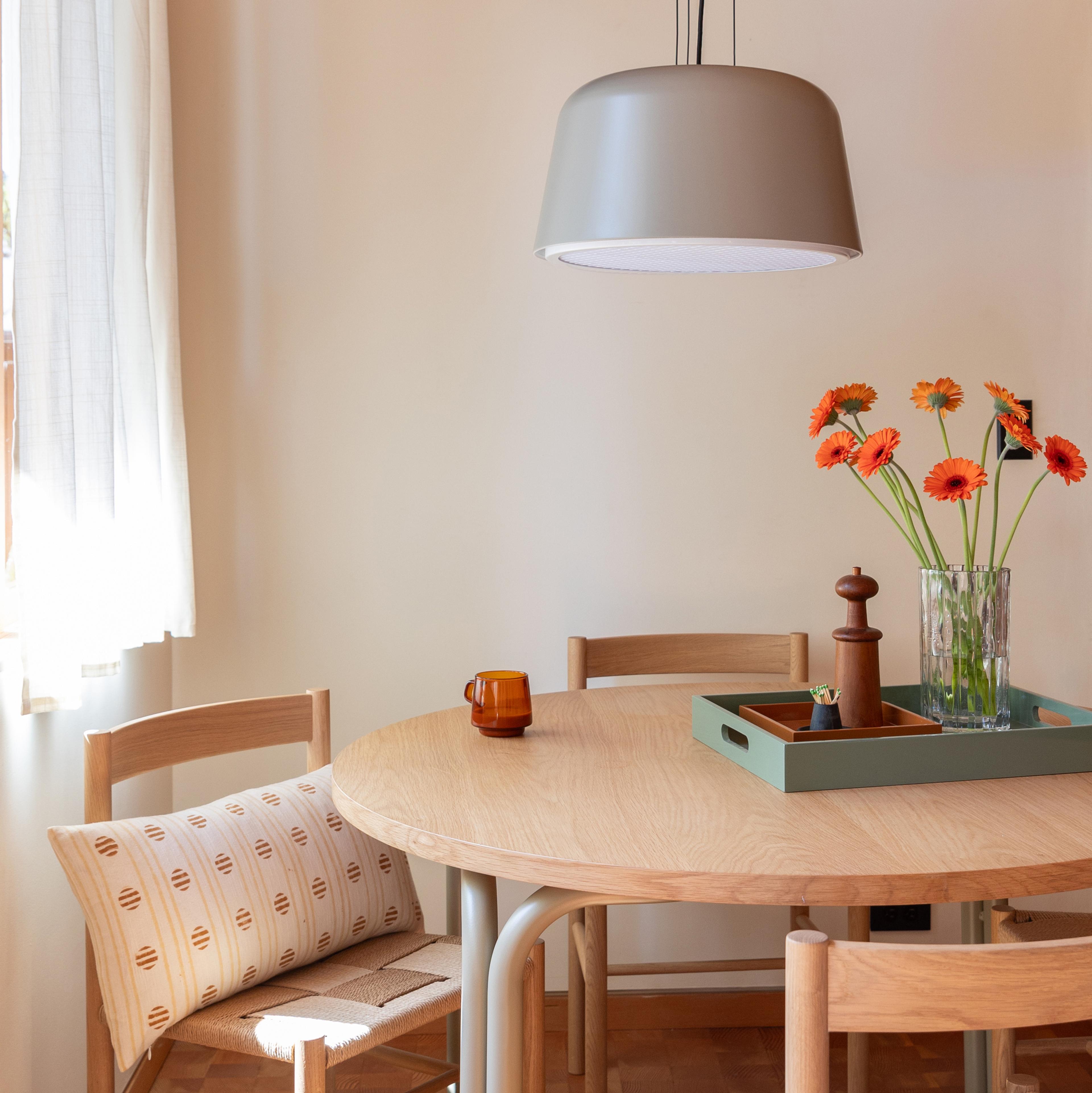Dining nook with flowers and stacking trays