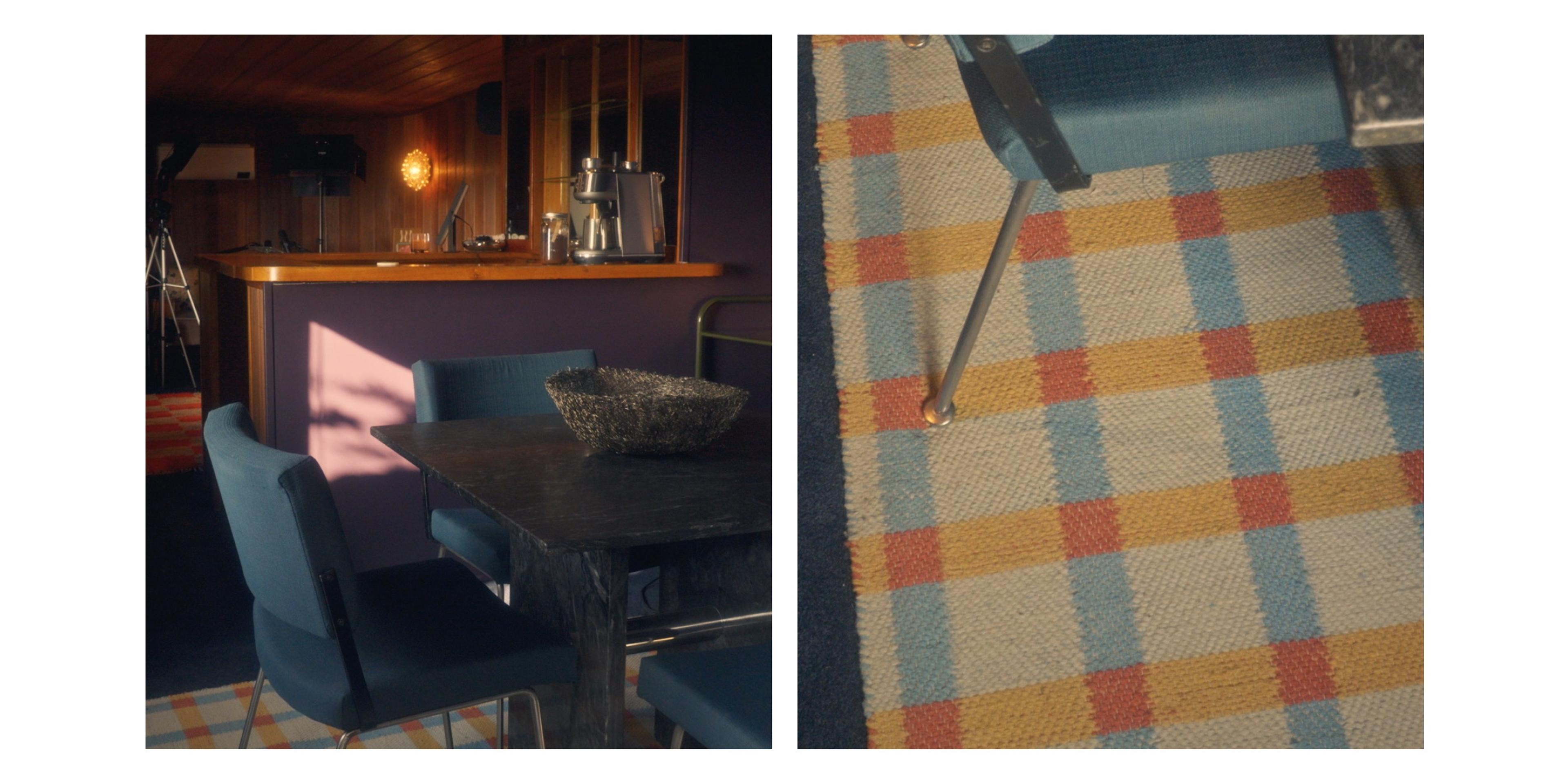 chairs and dining table and close up of rug under blue chair with metal legs