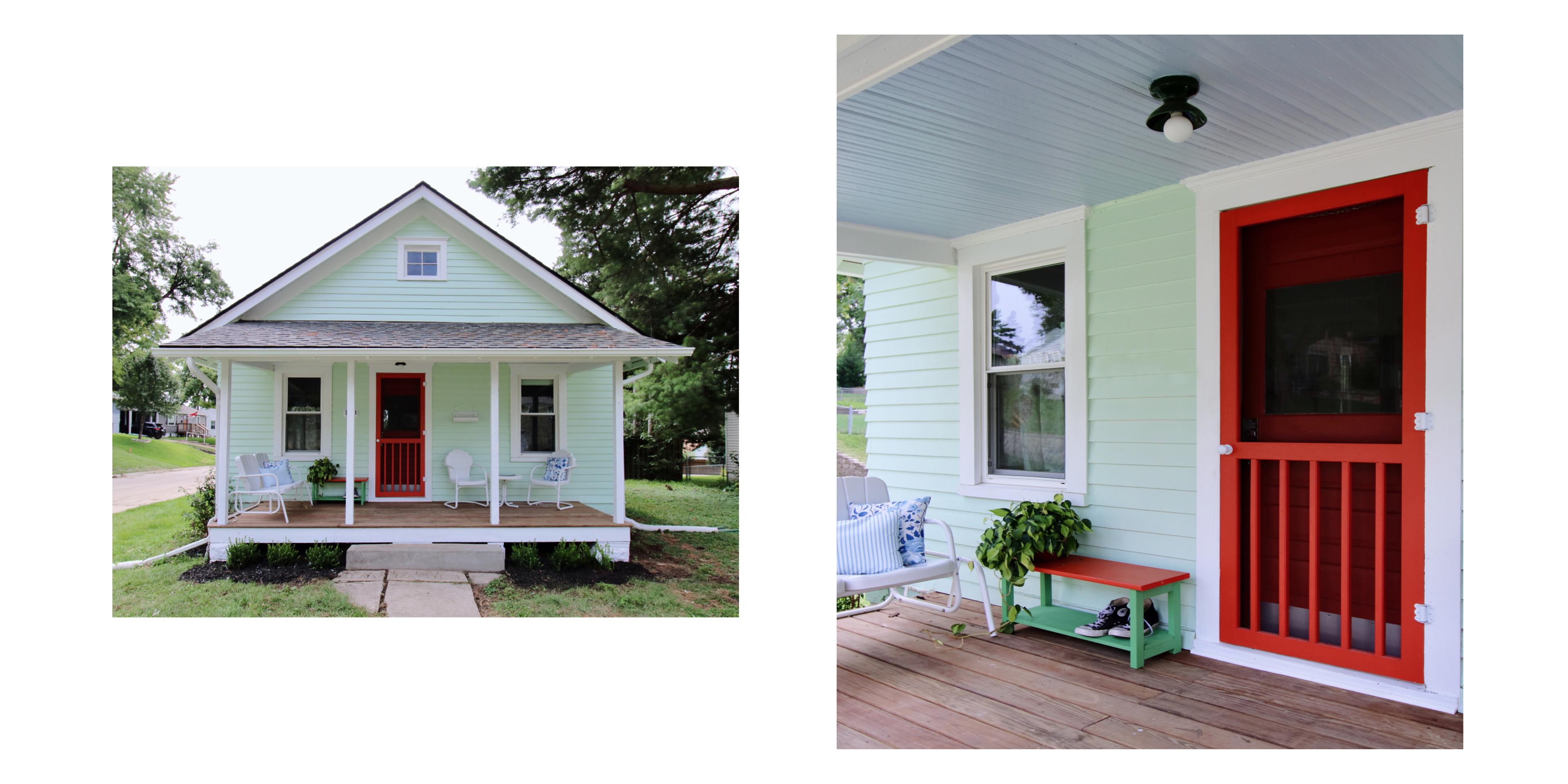 front shot of outside of cottage from the front and close up of front door