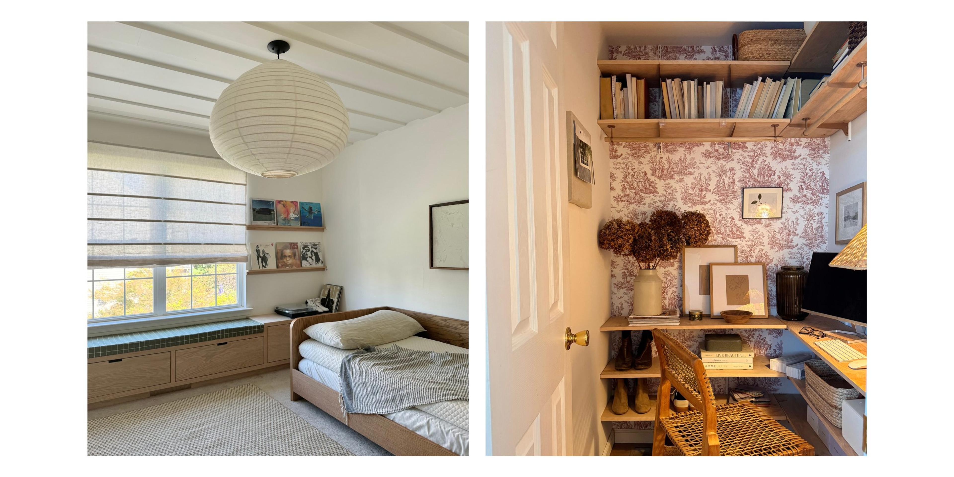 white bedroom with paper globe pendant and office nook with wallpaper
