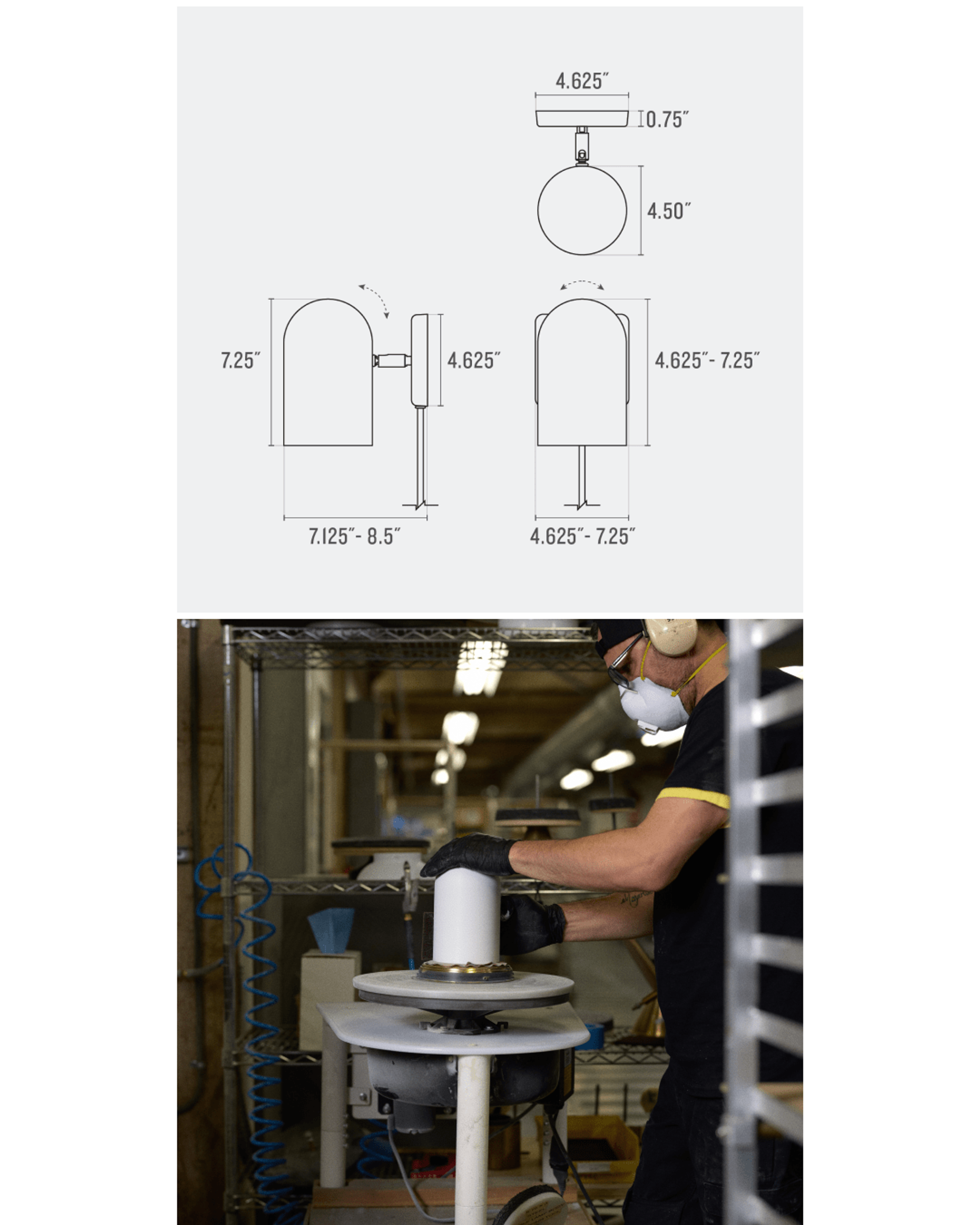 line drawing of sconce dimensions and factory worker sanding piece of metal for sconce to be painted