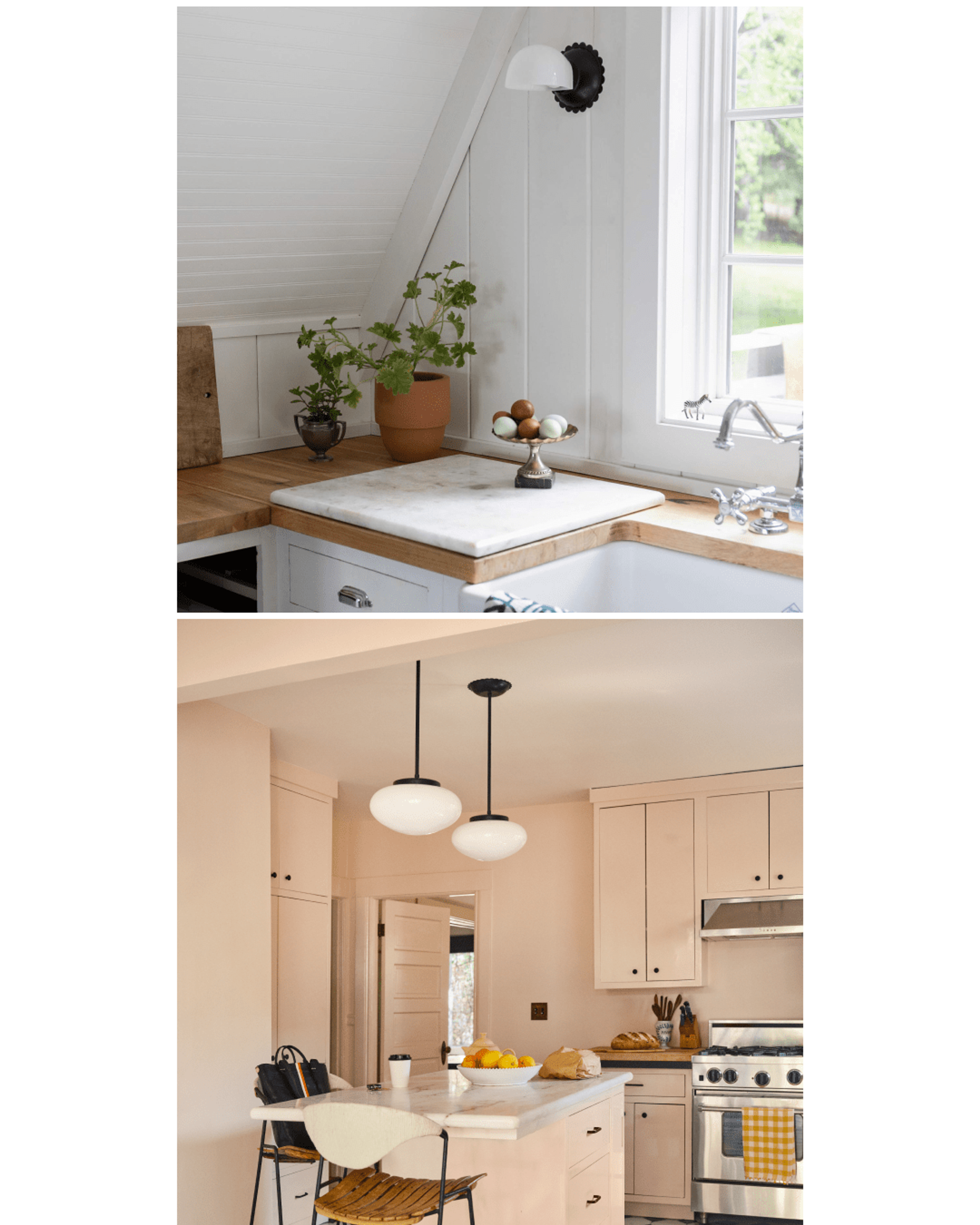 Kitchen with black light fixtures with scalloped edges and opal glass shade