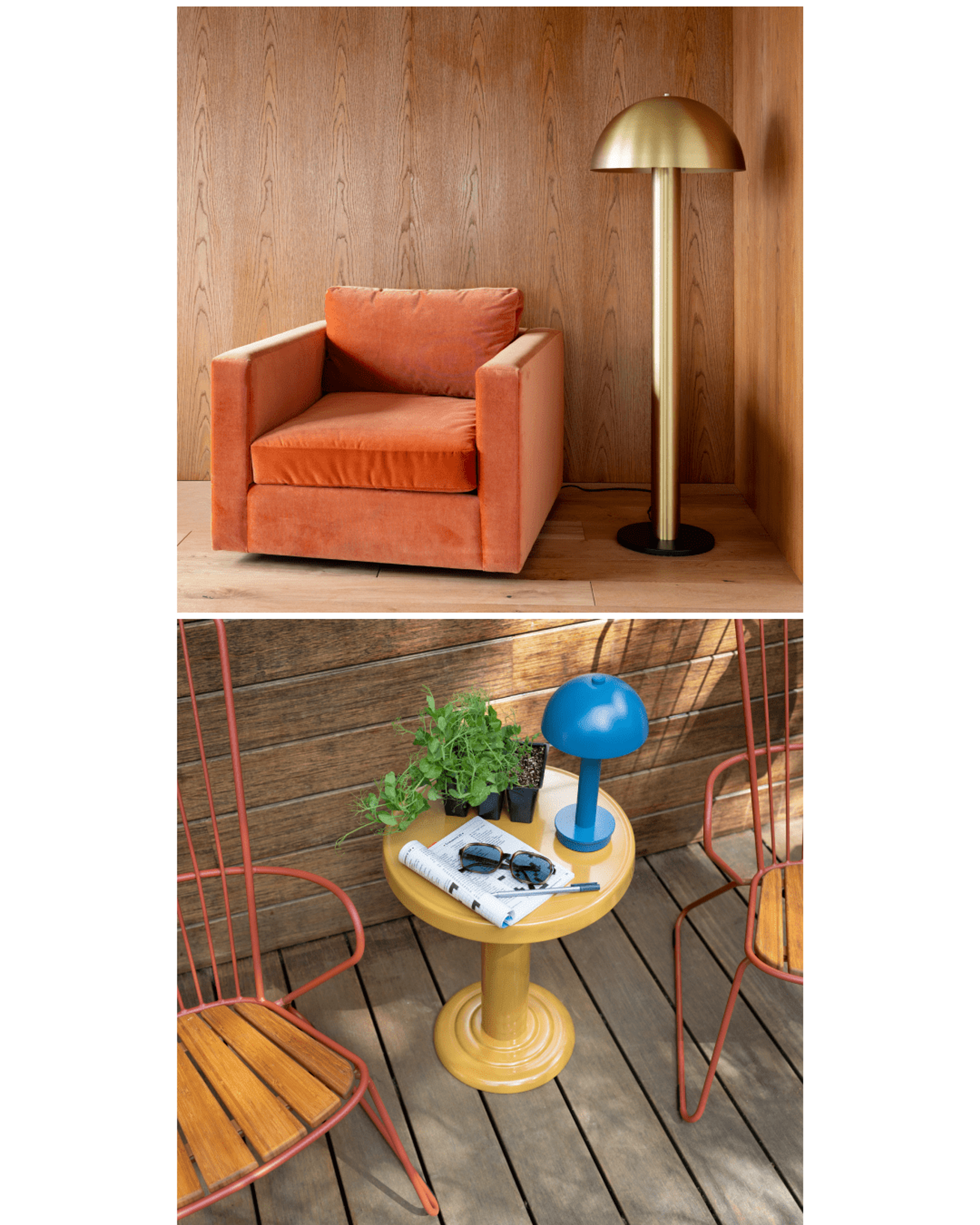 Mushroom shaped floor lamp next to burnt orange chair 