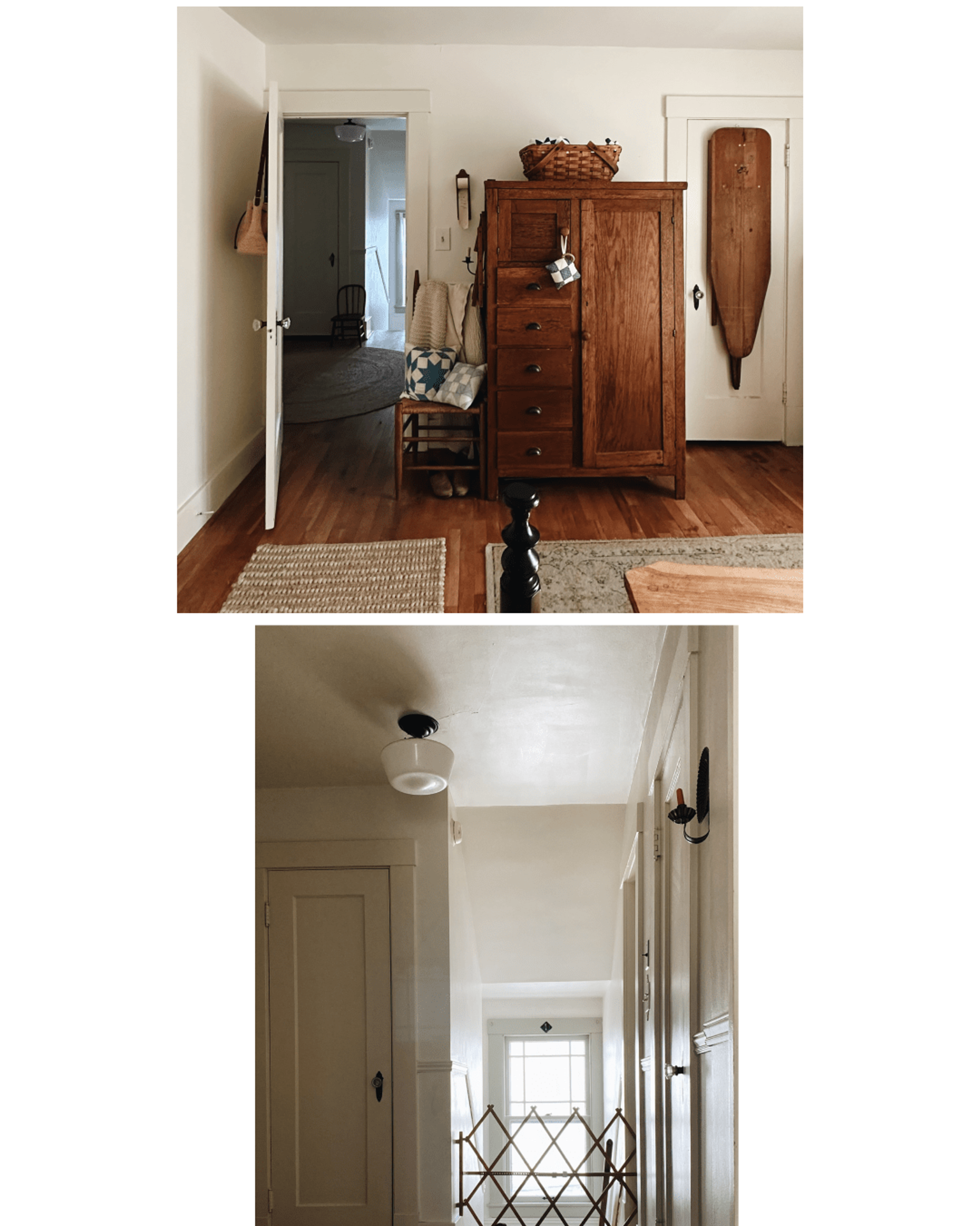 Bedroom with wooden wardrobe and hallway with surface mount with glass opal drum shade